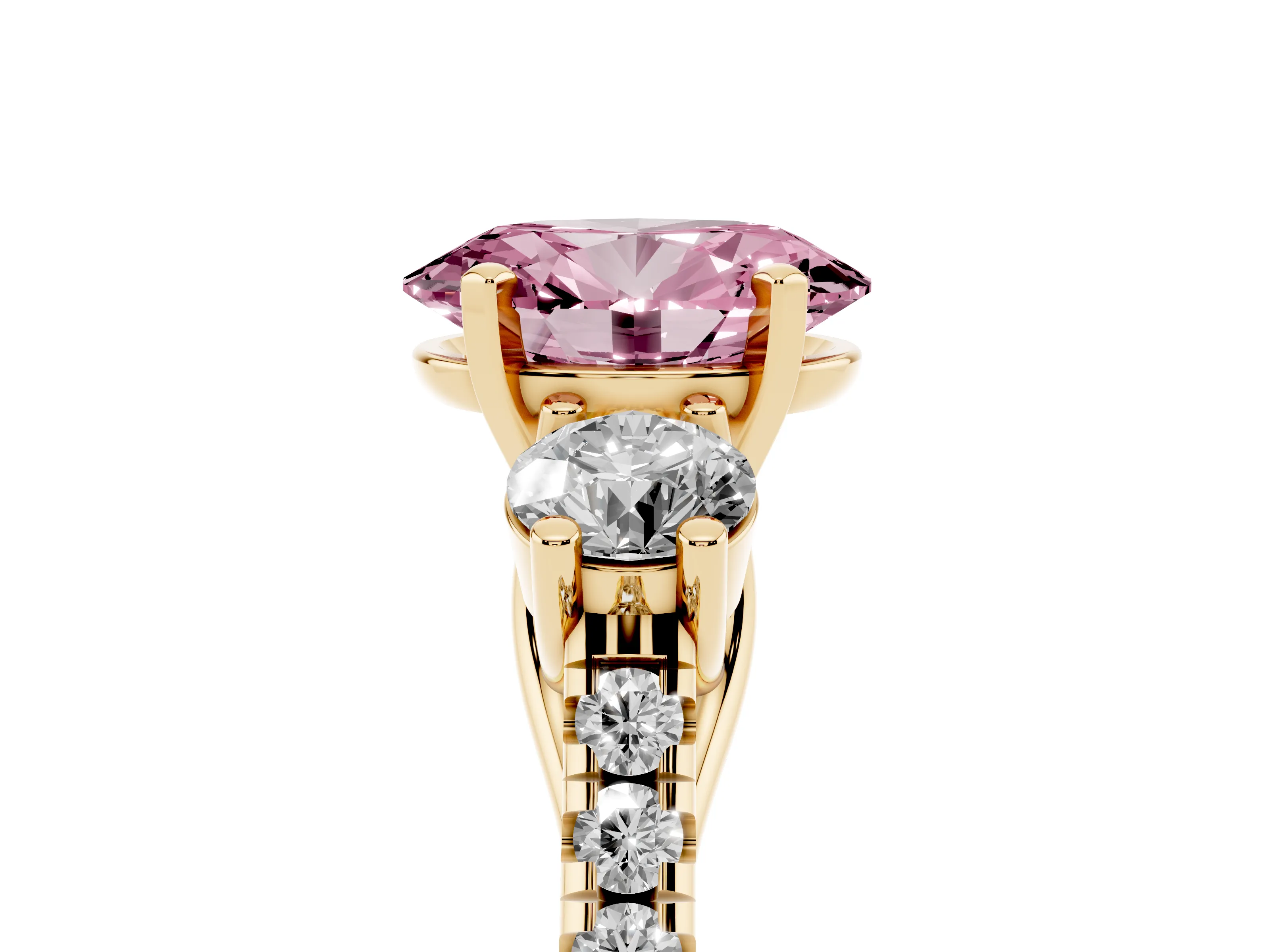 Fancy Pink Three-Stone Oval Cut Diamond Pavé Band Ring Set in Yellow gold with Prong-Set Trio