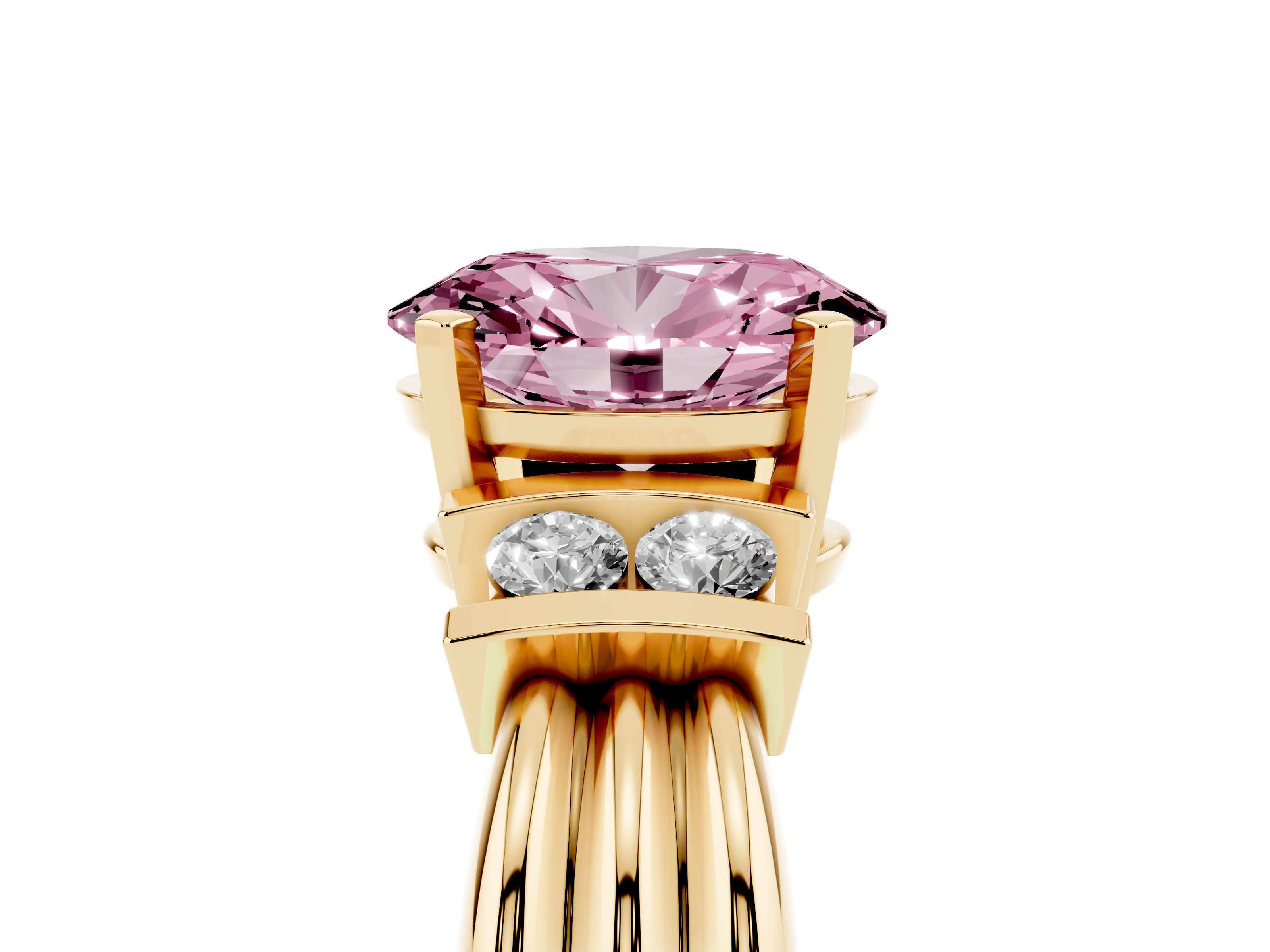 Fancy Pink Three-Stone Oval Cut Diamond Channel Set Ring Set in Yellow gold with Bar Prongs
