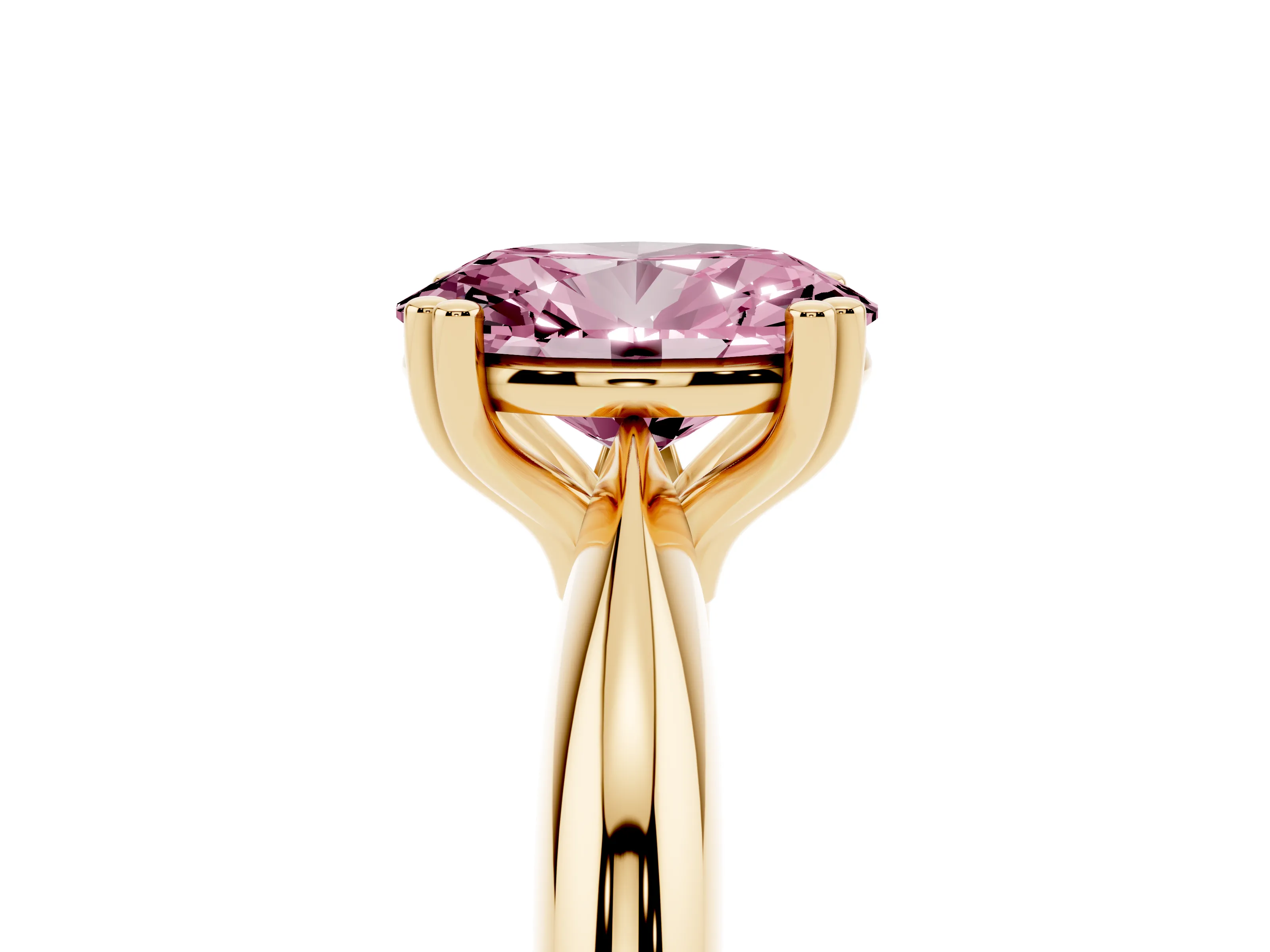 Fancy Pink Oval Cut Diamond Solitaire Engagement Ring Set in Yellow gold with Tapered Band and Prong Setting