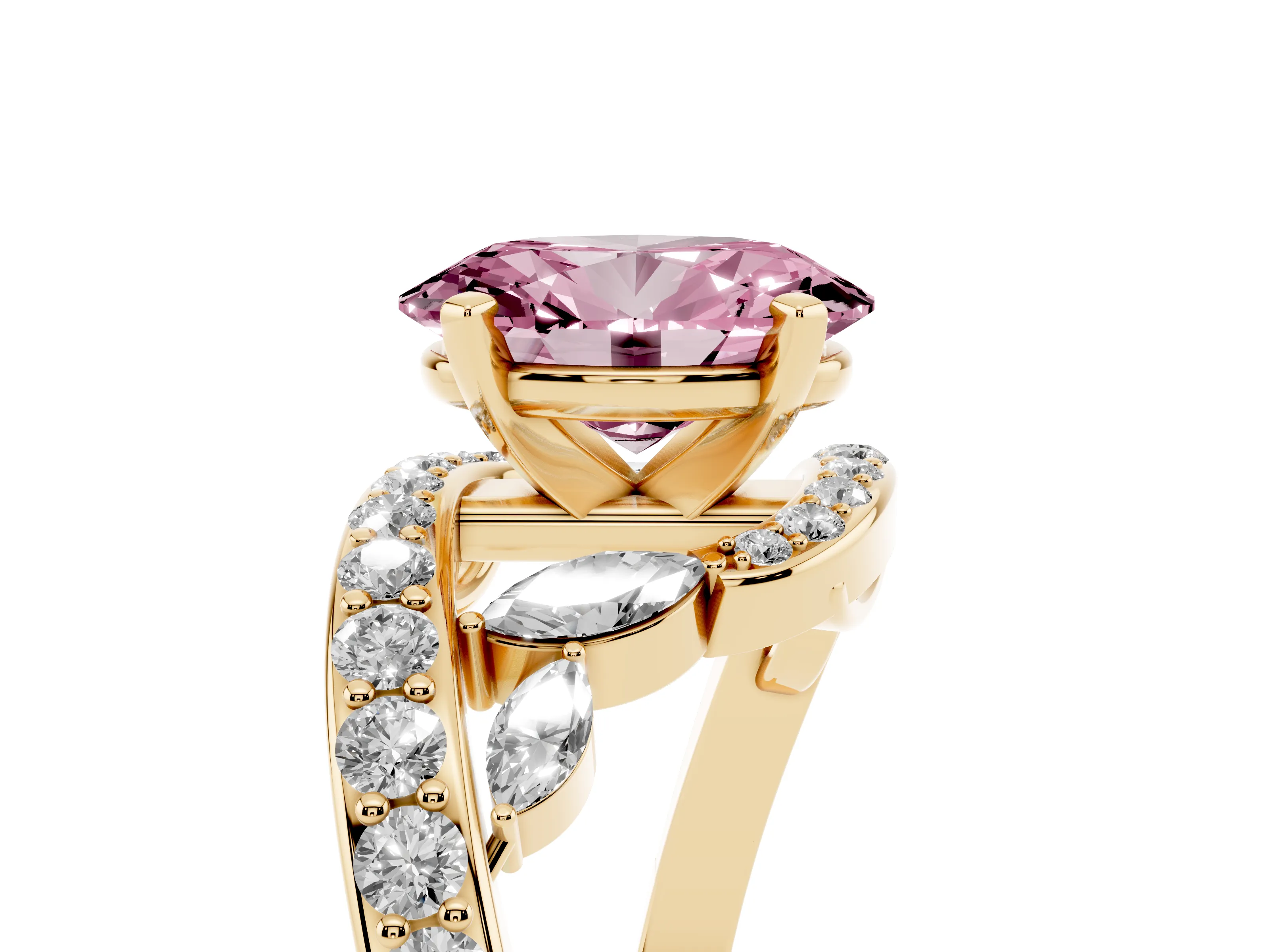 Fancy Pink Oval Cut Diamond Solitaire Ring Set in Yellow gold with Pavé Twist Band and Secure Prong Setting