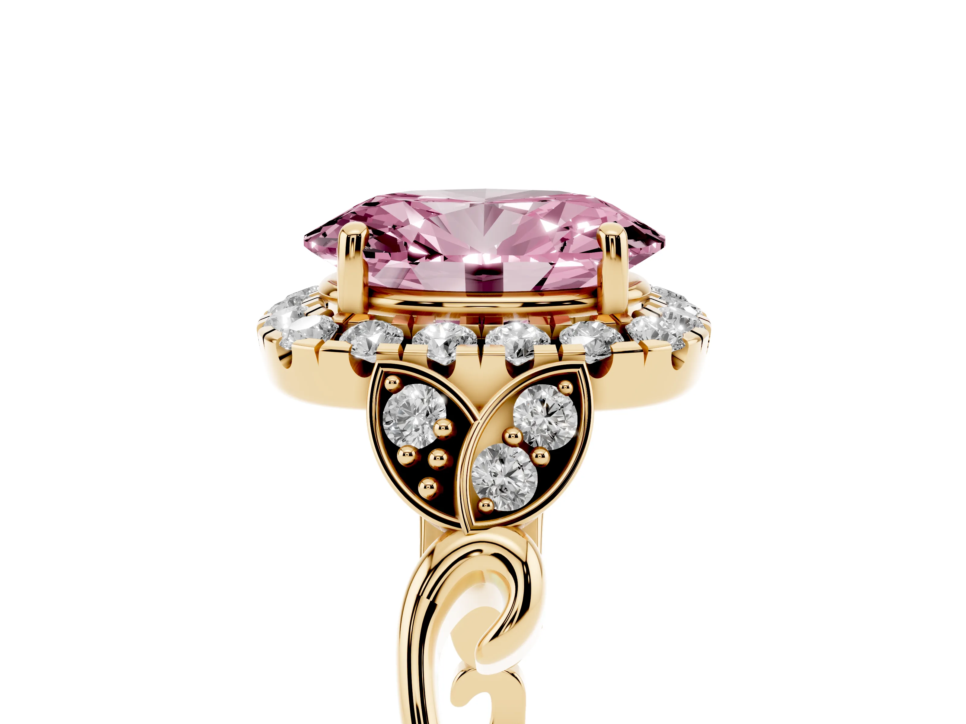 Fancy Pink Oval Cut Diamond Halo Engagement Ring Set in Yellow gold with Vintage-Inspired Band and Prong Setting