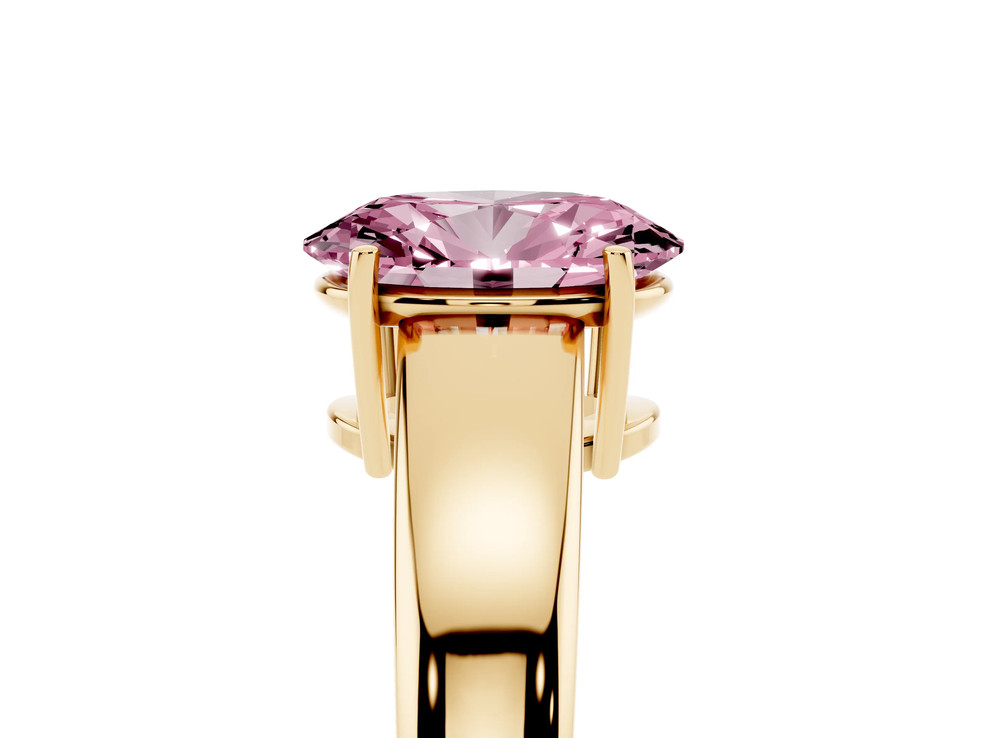 Fancy Pink Oval Cut Diamond Solitaire Ring Set in Yellow gold with Tapered Band and Prong Setting