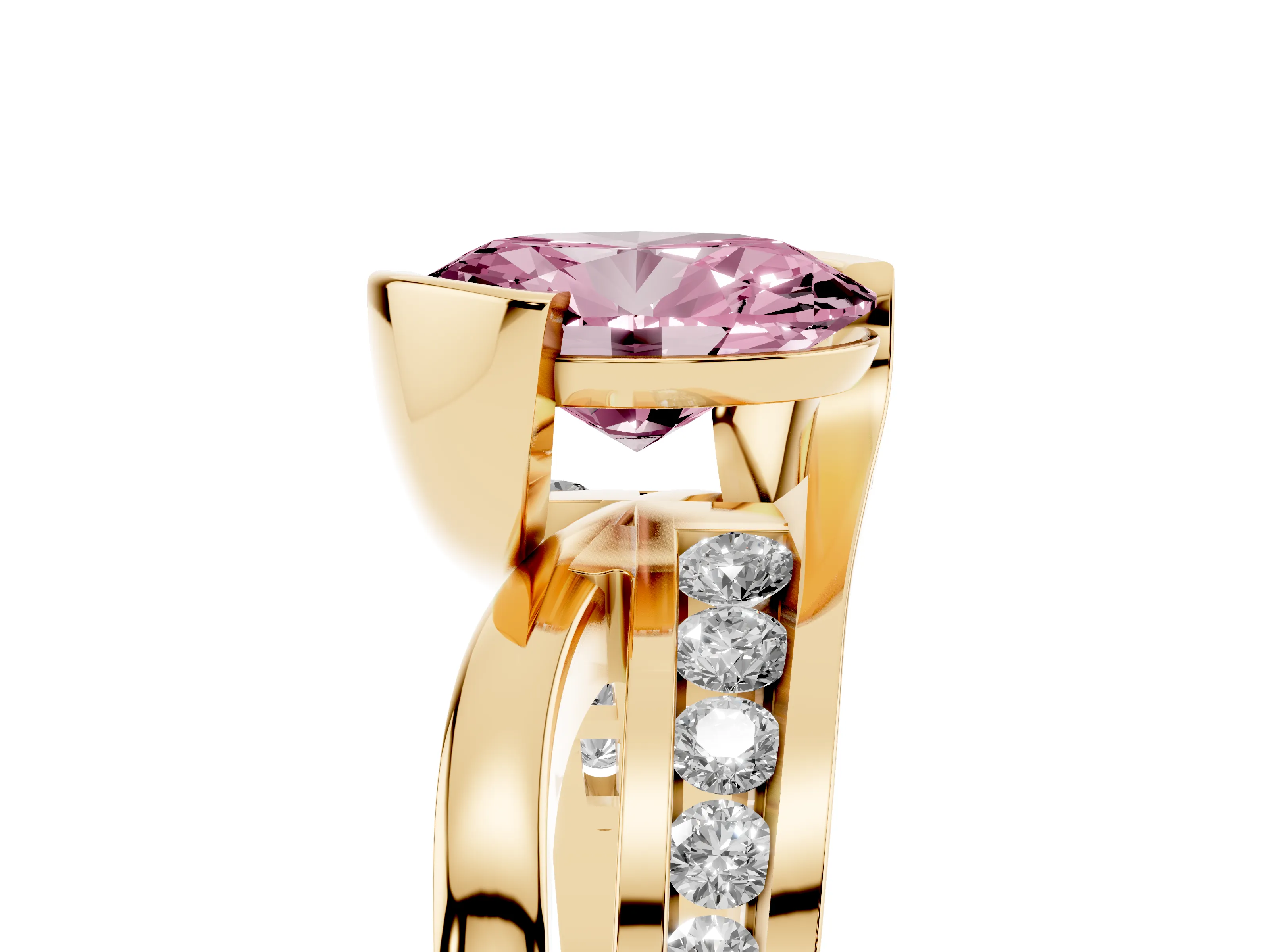 Fancy Pink Oval Cut Diamond Solitaire Ring Set in Yellow gold with Channel Set Split Shank and Tension Prongs