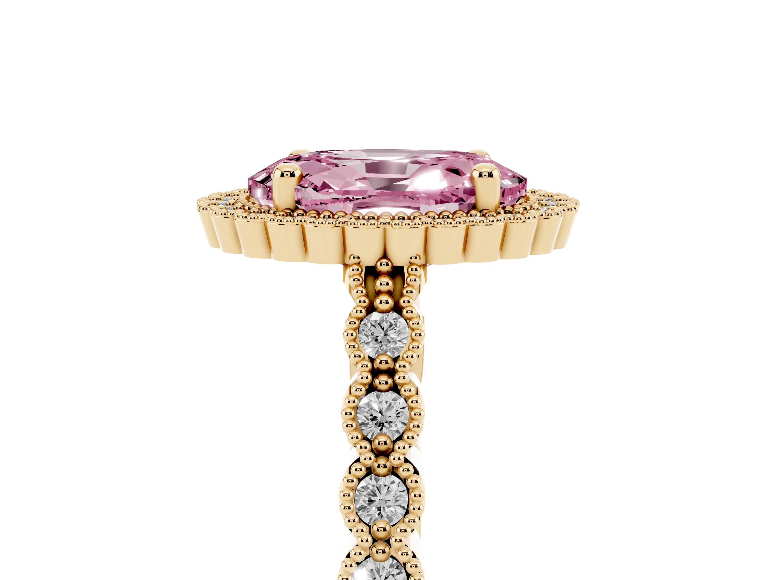 Fancy Pink Oval Cut Diamond Halo Ring Set in Yellow gold with Pavé Milgrain Band