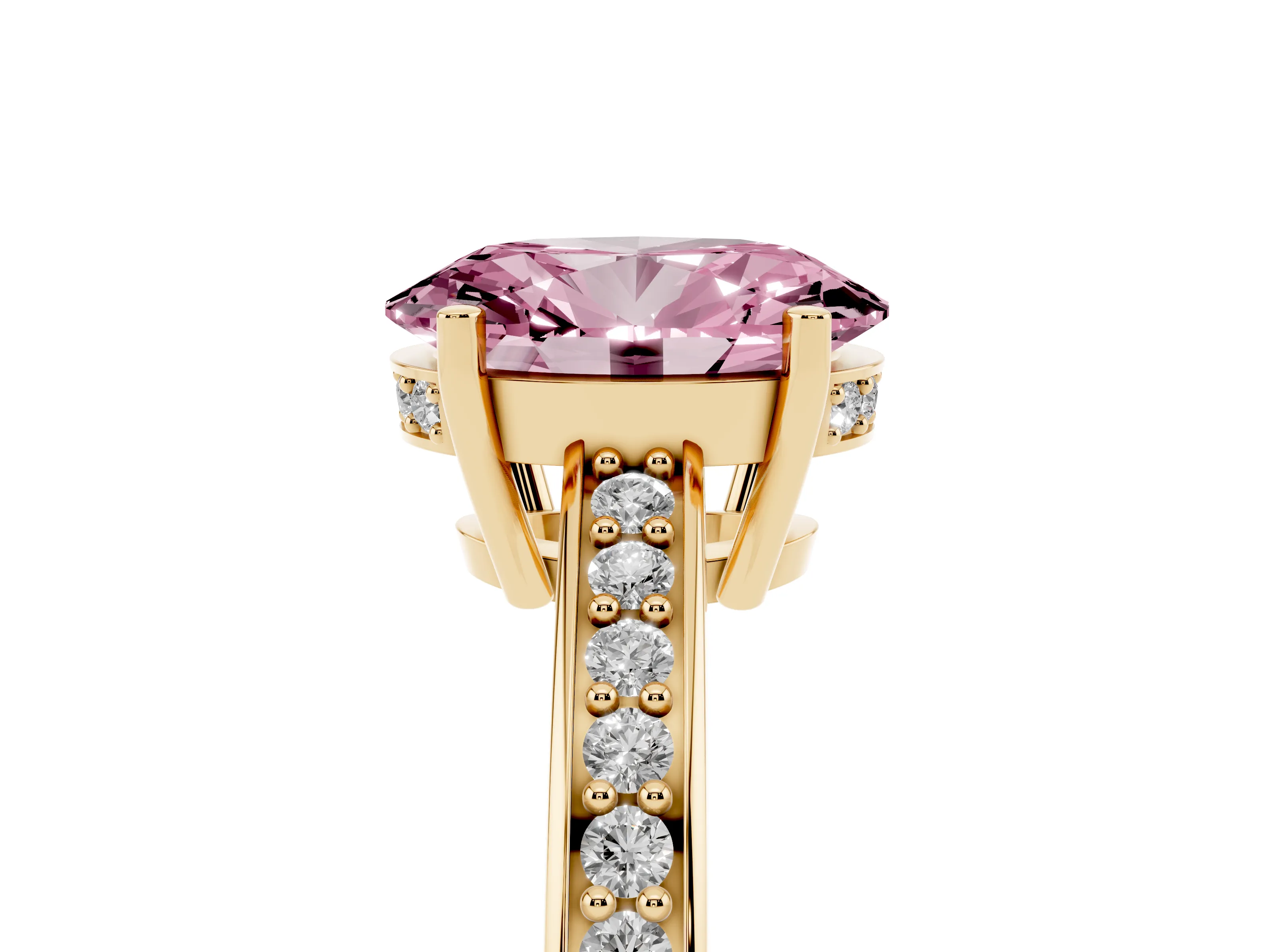Fancy Pink Oval Cut Diamond Pavé Band Prong Set Solitaire Ring Set in Yellow gold