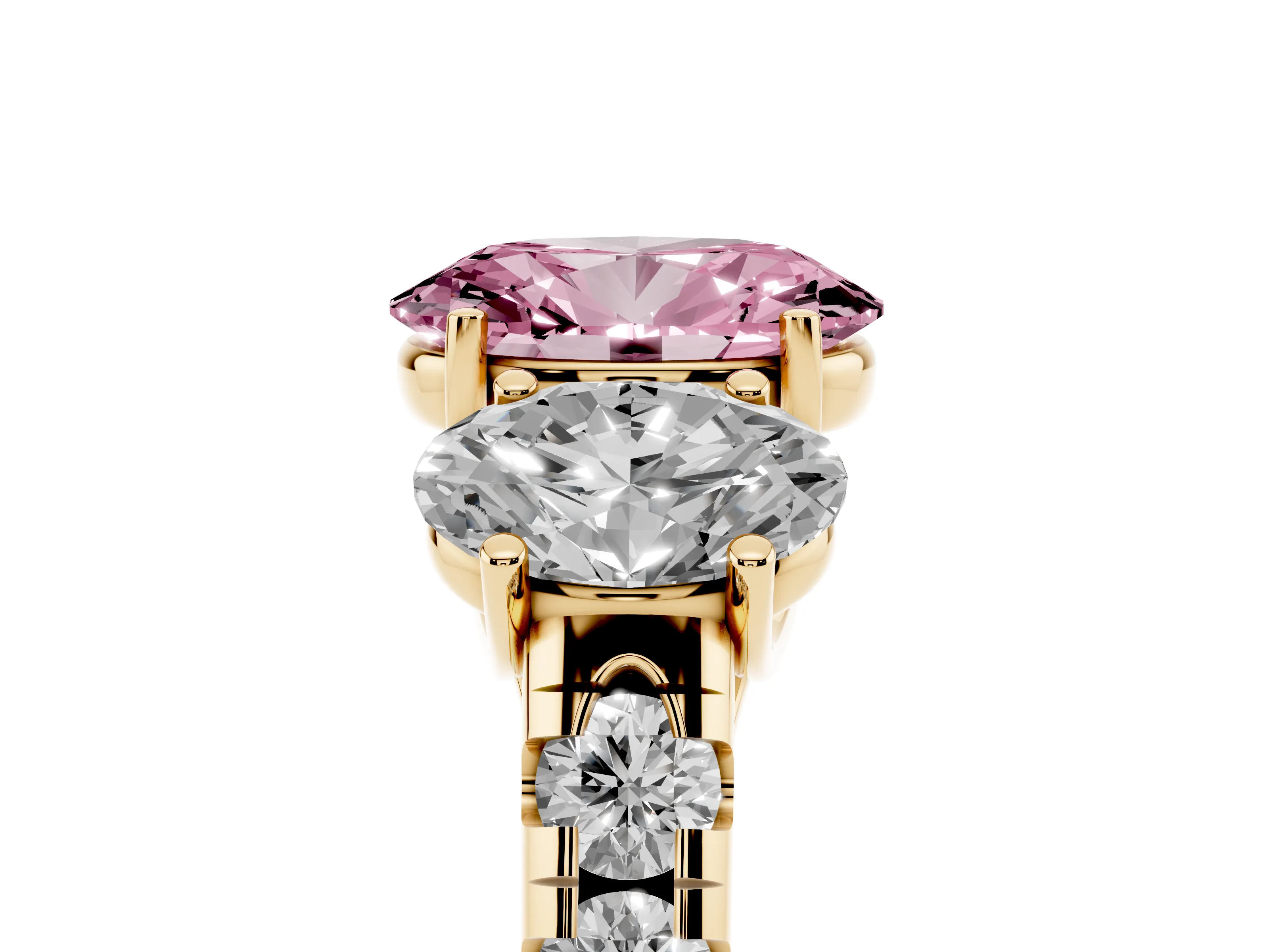 Fancy Pink Oval Cut Diamond Three-Stone Ring Set in Yellow gold with Pavé Band