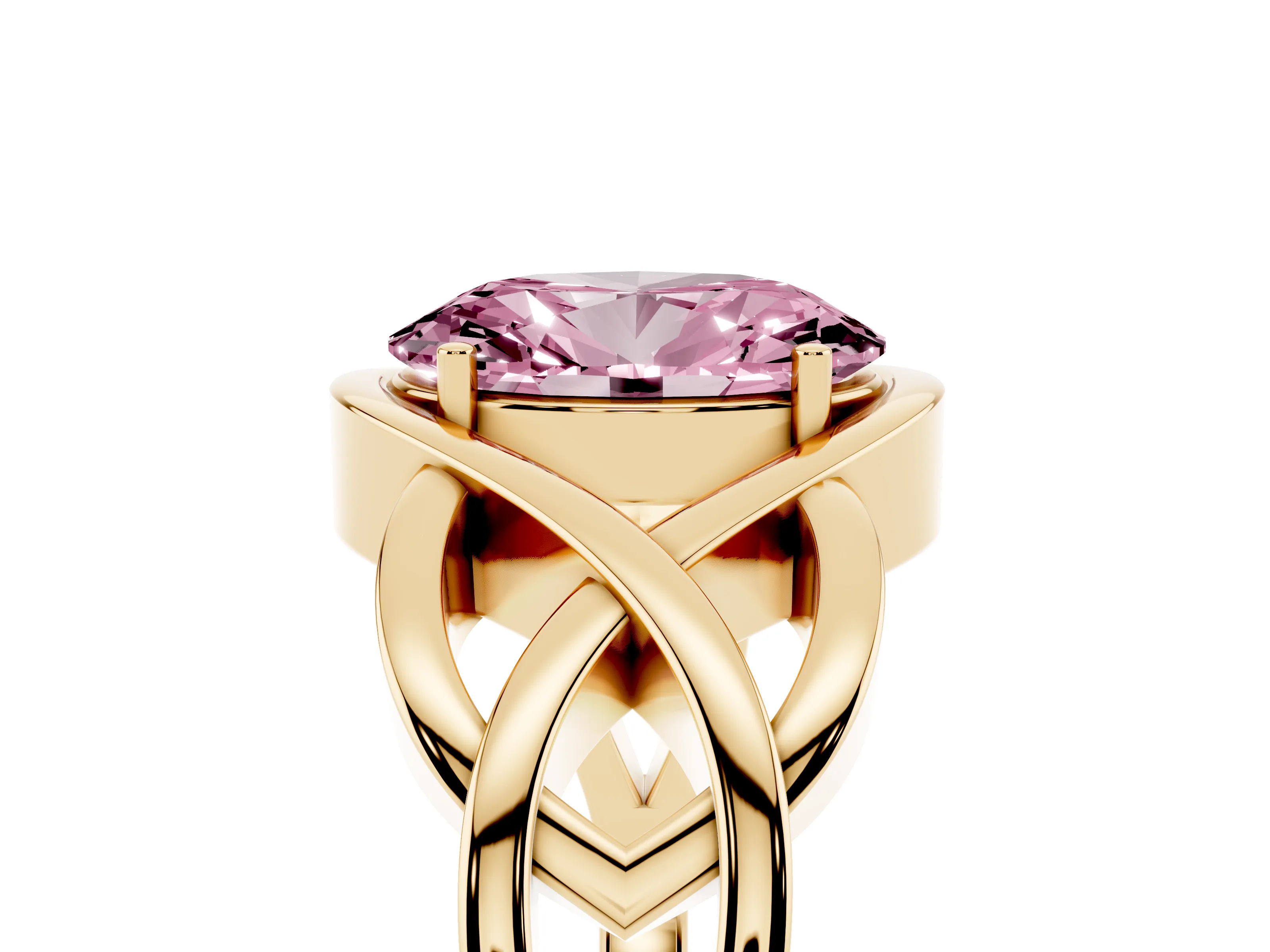 Fancy Pink Oval Cut Diamond Solitaire Ring Set in Yellow gold with Intertwined Band