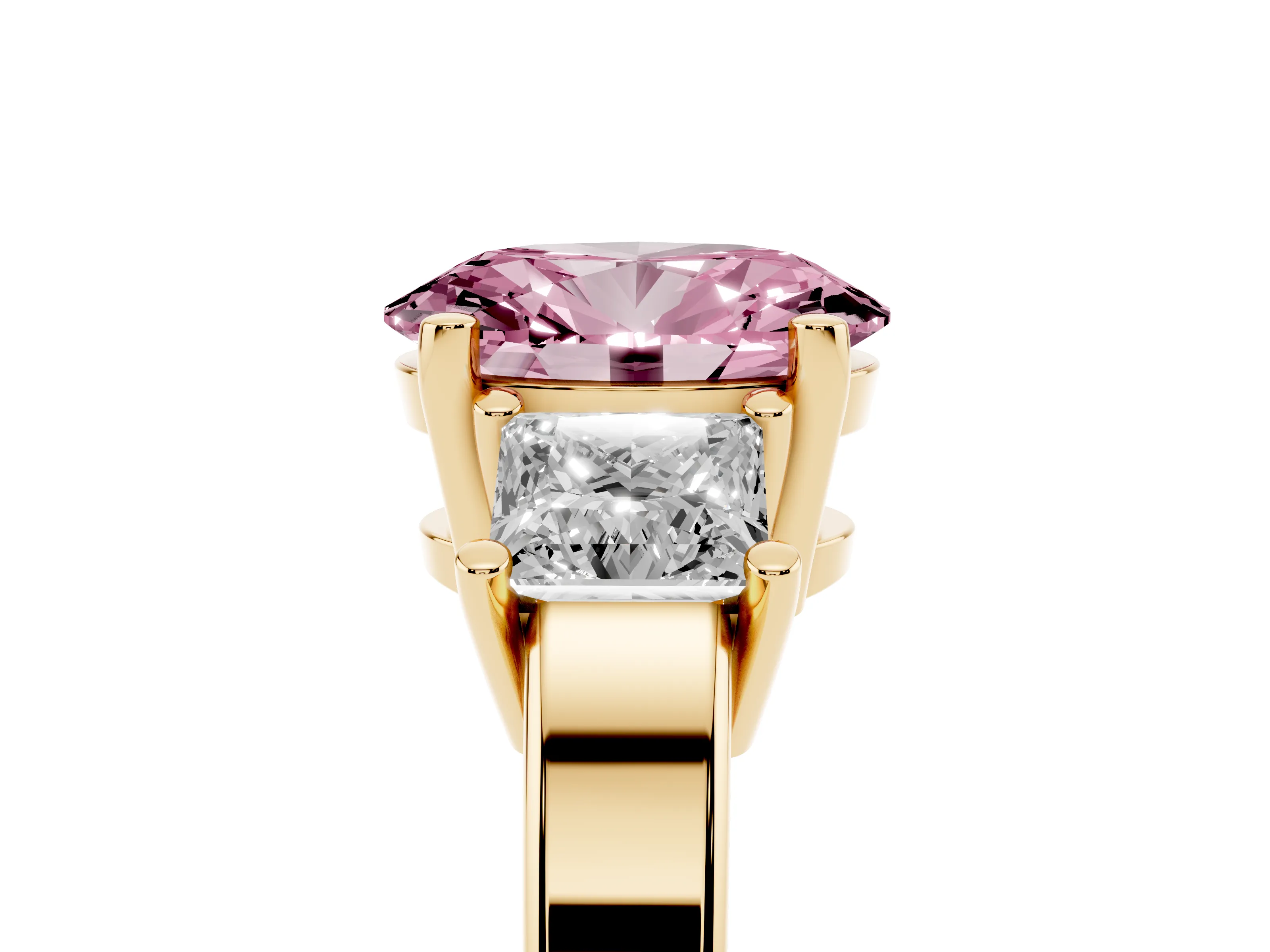 Fancy Pink Three-Stone Oval Cut Diamond Solitaire Ring Set in Yellow gold with Prong Setting