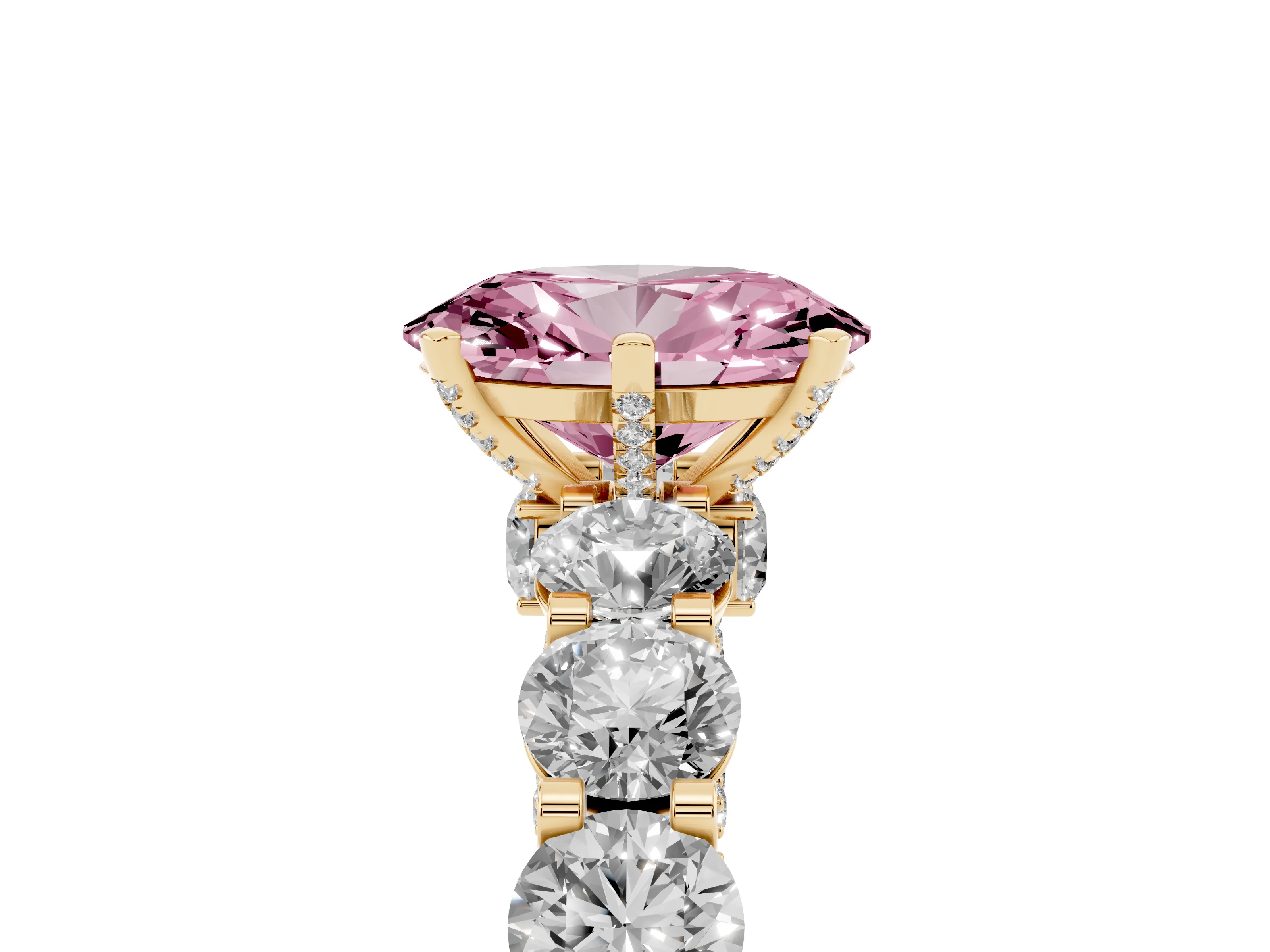 Fancy Pink Oval Cut Diamond Side Stone Ring Set in Yellow gold with Alternating Round and Oval Side Stones