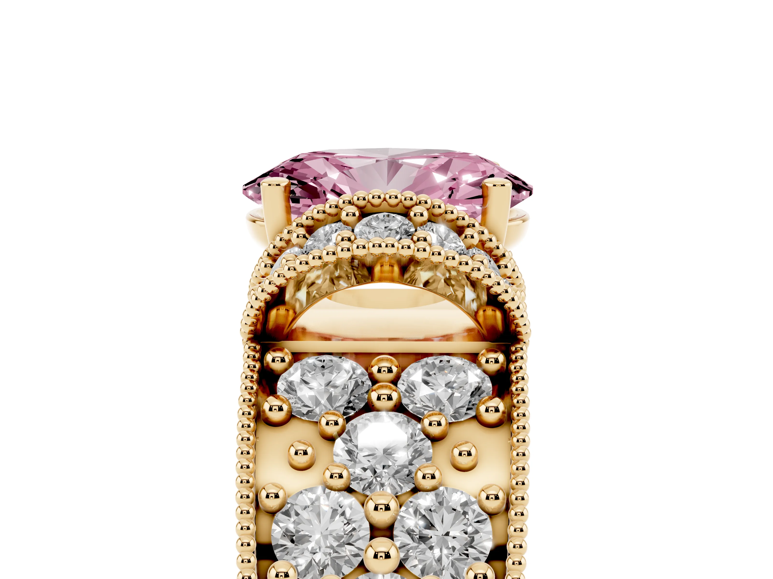 Fancy Pink Oval Cut Diamond Milgrain Halo Pavé Engagement Ring Set in Yellow gold with Prong Setting