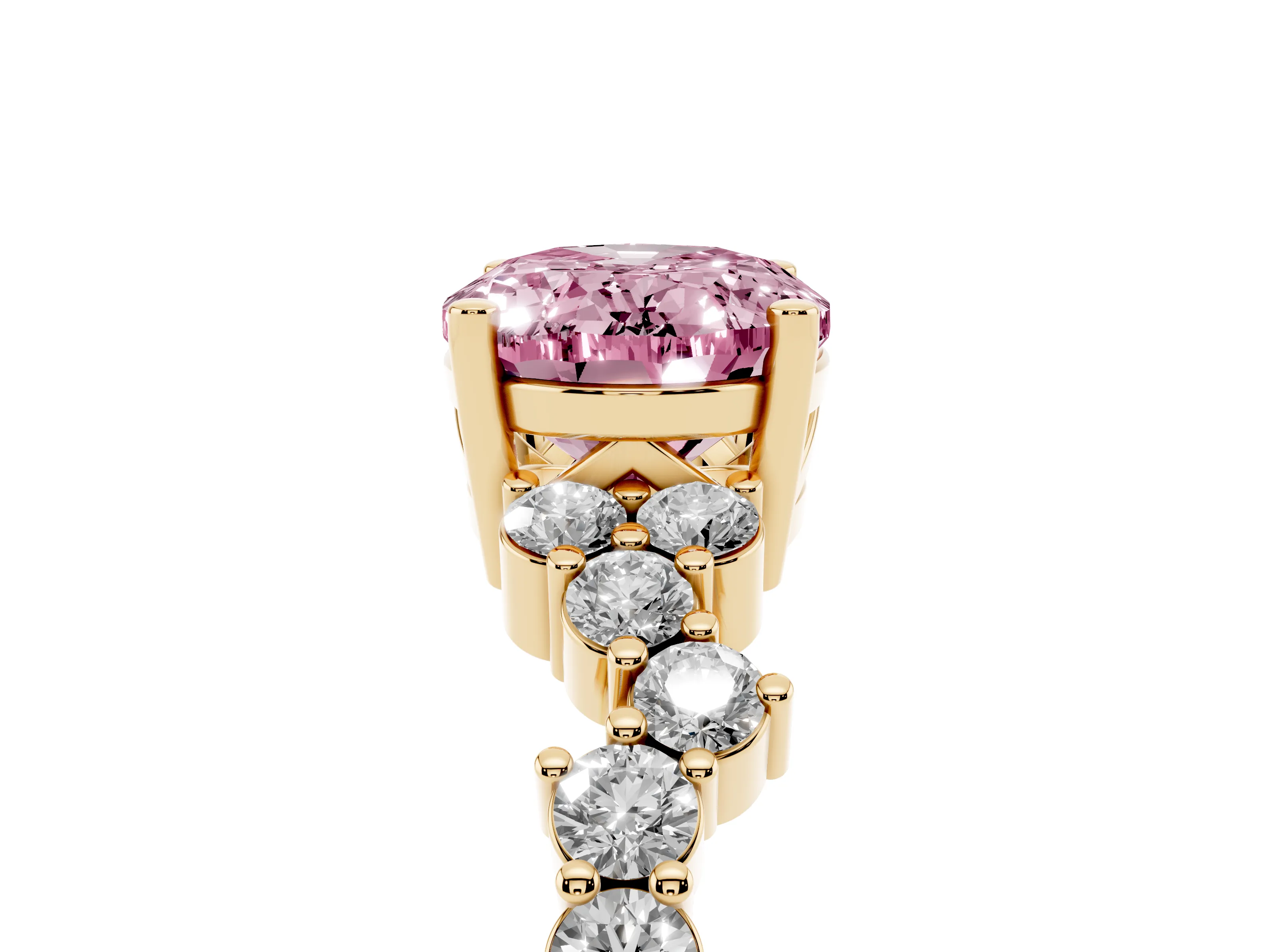 Fancy Pink Oval Cut Diamond Ring Set in Yellow gold with Scattered Round Accents