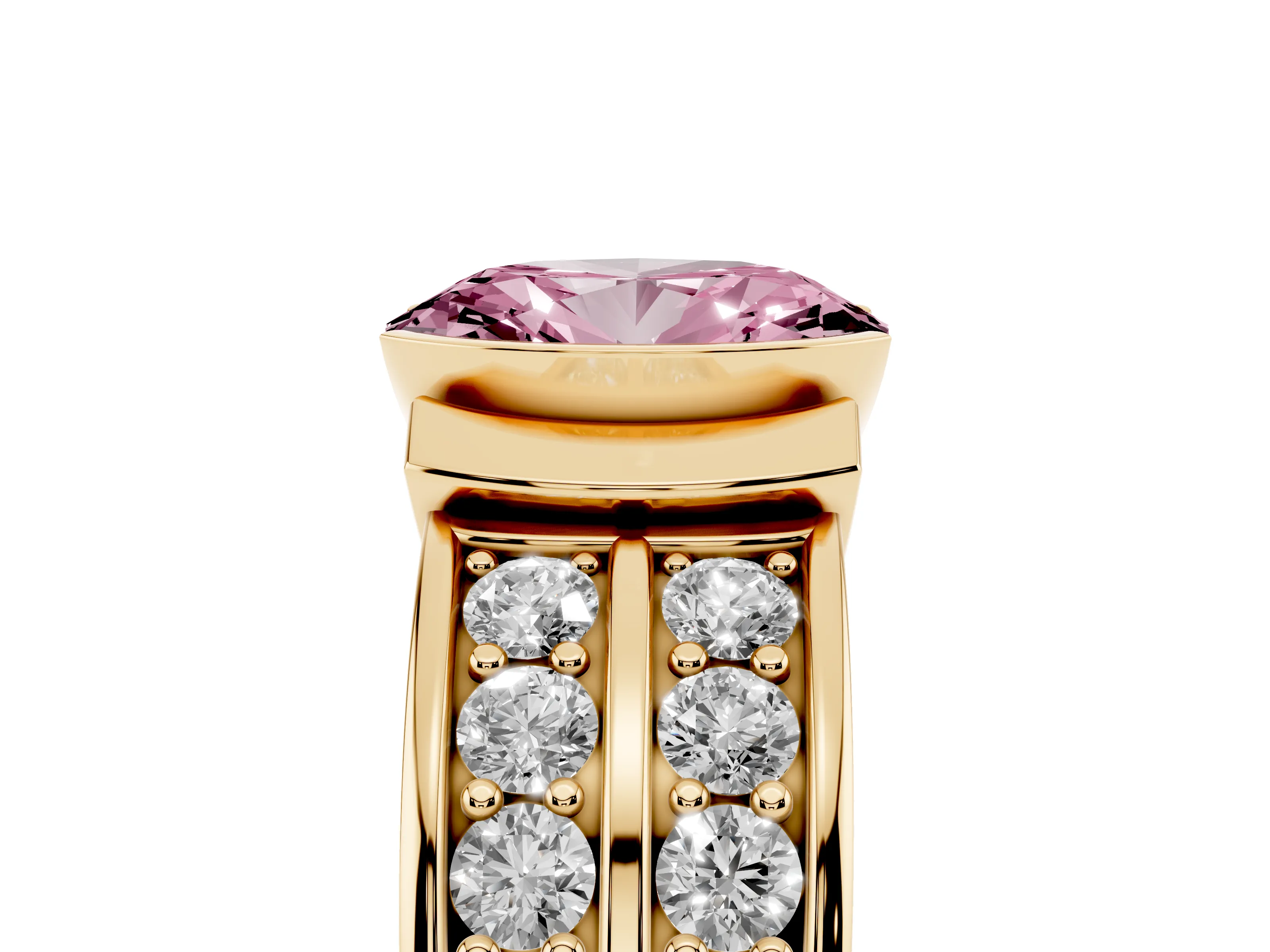 Fancy Pink Oval Cut Diamond Wide Channel Set Band Ring Set in Yellow gold with Bezel Setting