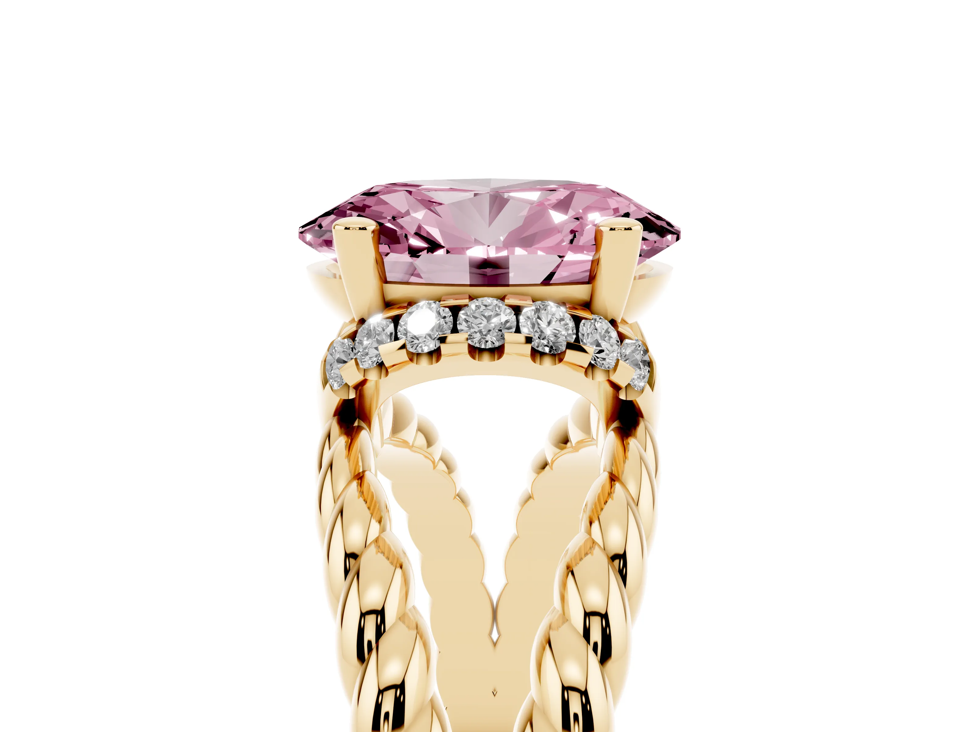Fancy Pink Oval Cut Diamond Halo Ring Set in Yellow gold with Twisted Band and Prong Setting