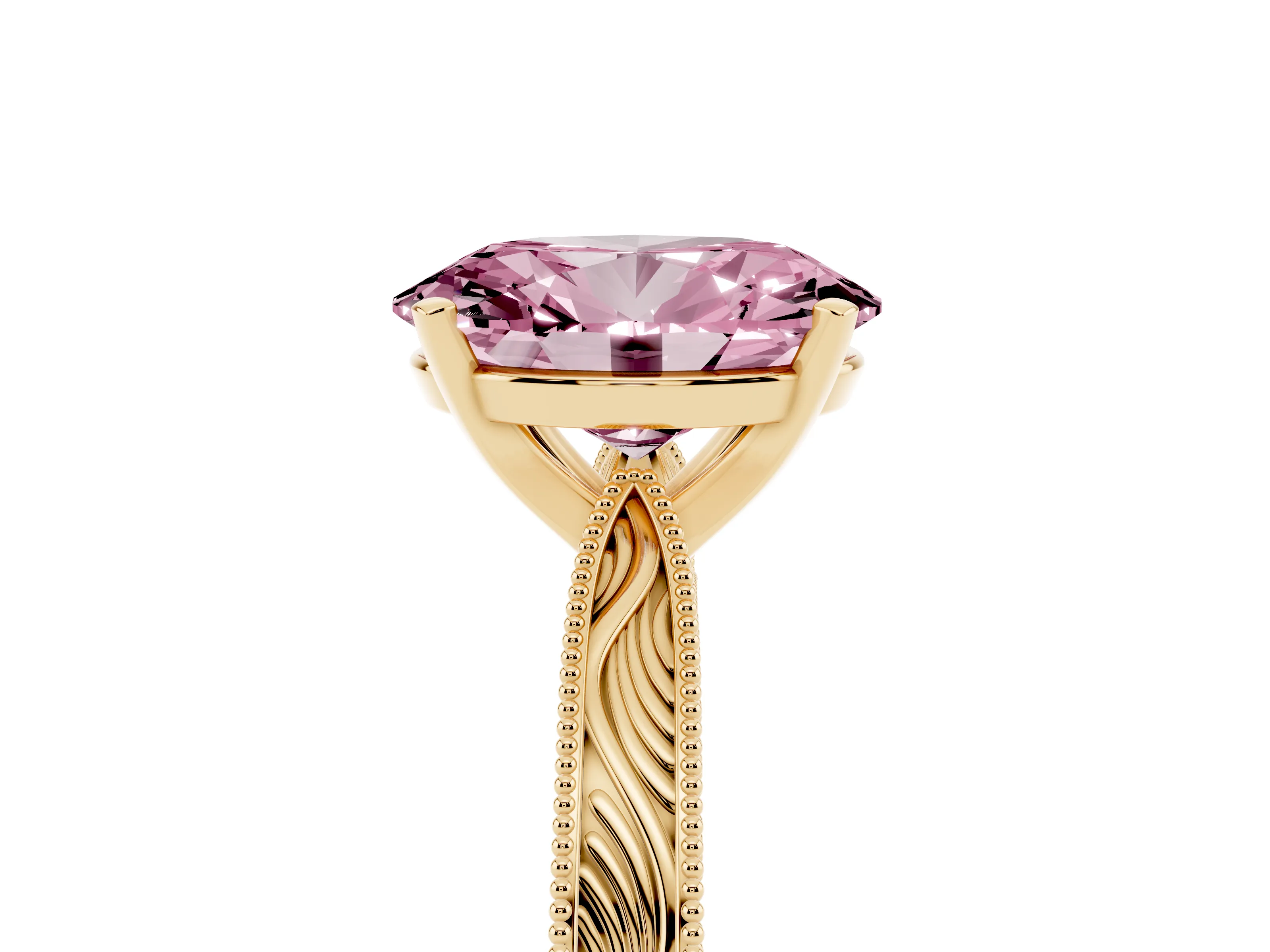 Fancy Pink Oval Cut Diamond Solitaire Milgrain Engraved Band Set in Yellow gold with Prong Setting