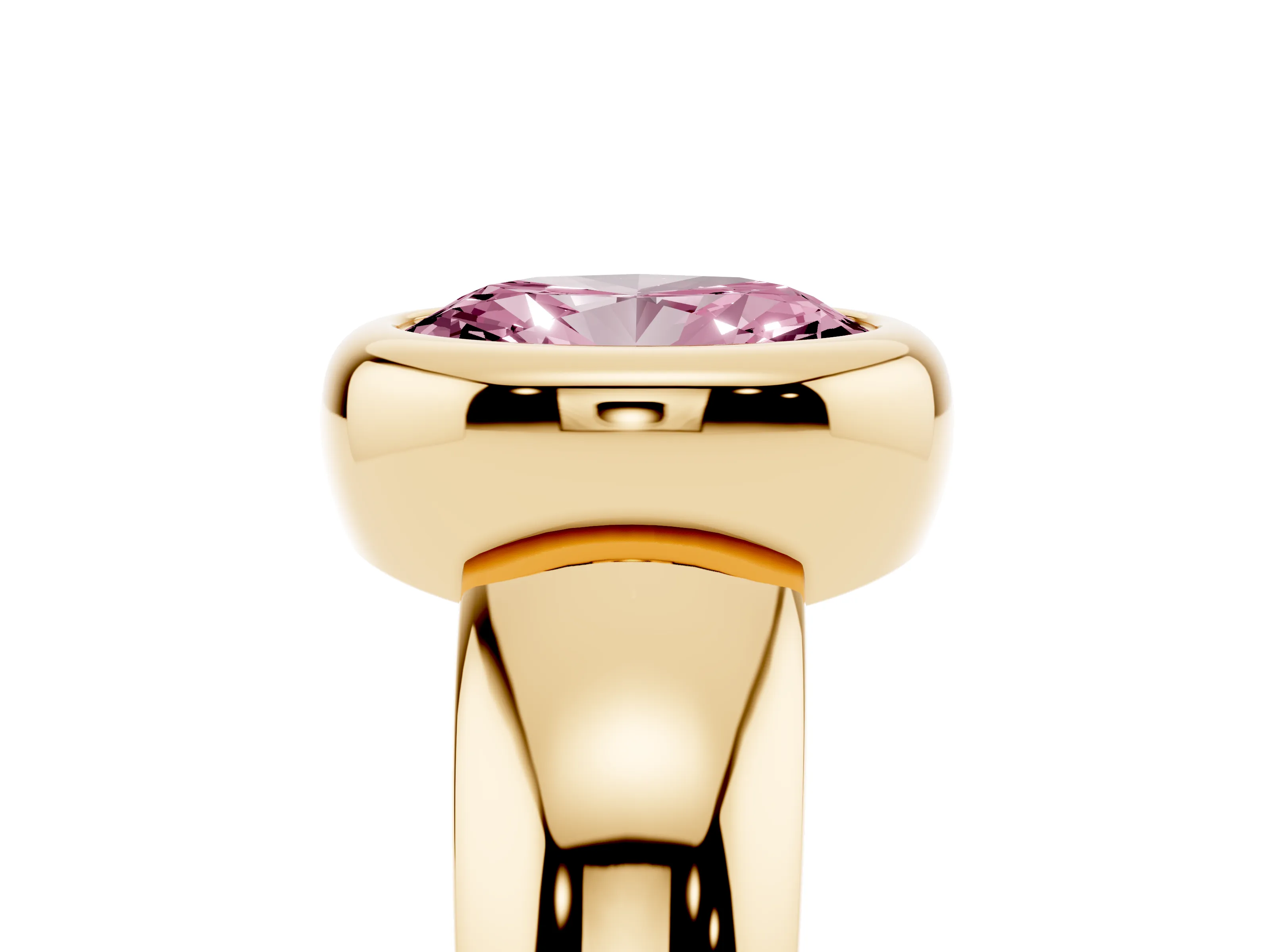 Fancy Pink Bezel Set Oval Cut Diamond Solitaire Ring Set in Yellow gold with Wide Band