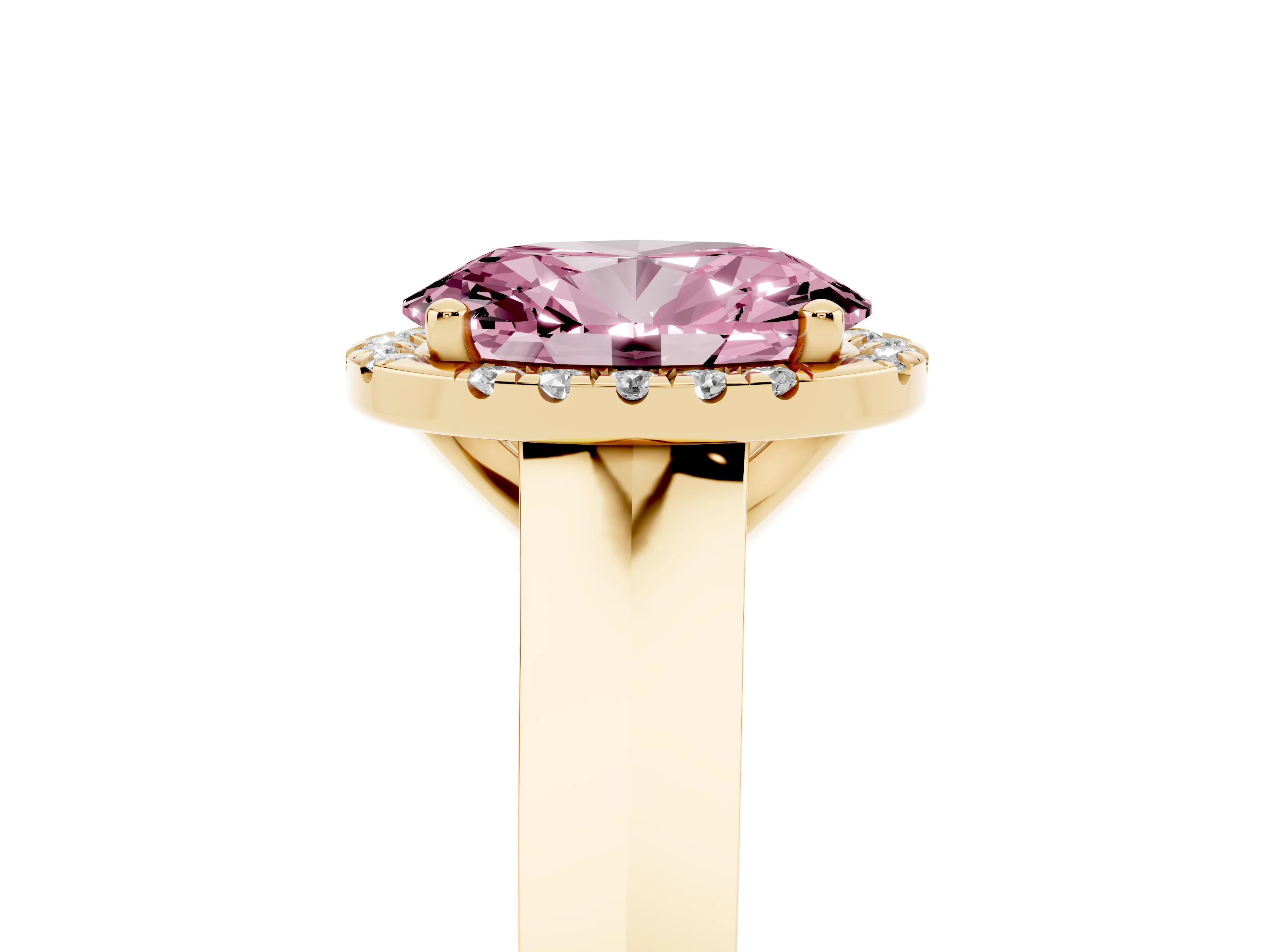 Fancy Pink Oval Cut Diamond Halo Ring Set in Yellow gold with Cathedral Band and Prong Setting