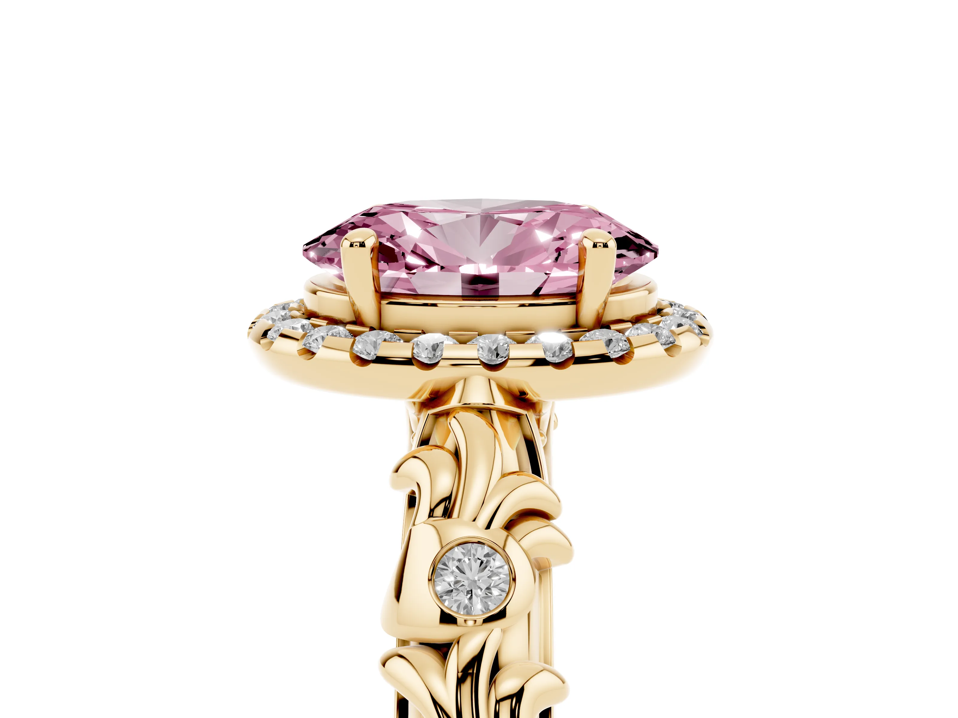 Fancy Pink Oval Cut Diamond Halo Ring Set in Yellow gold with Filigree Leaf Band and Prong Setting