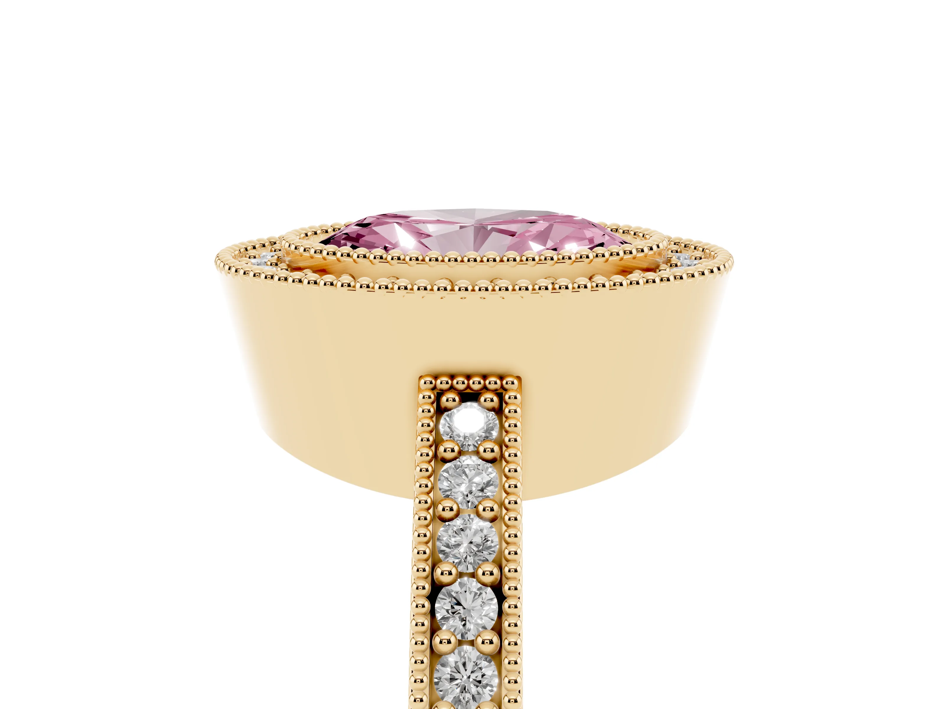 Fancy Pink Oval Cut Diamond Halo Engagement Ring Set in Yellow gold with Pavé Band and Round Halo Stones