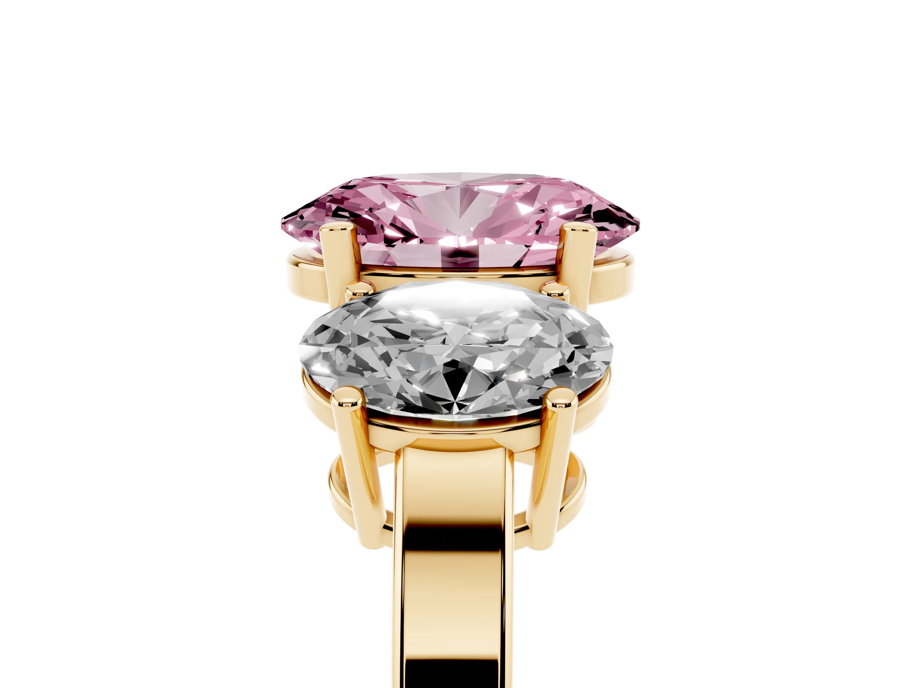 Fancy Pink Oval Cut Diamond Three-Stone Engagement Ring Set in Yellow gold with Flat Band
