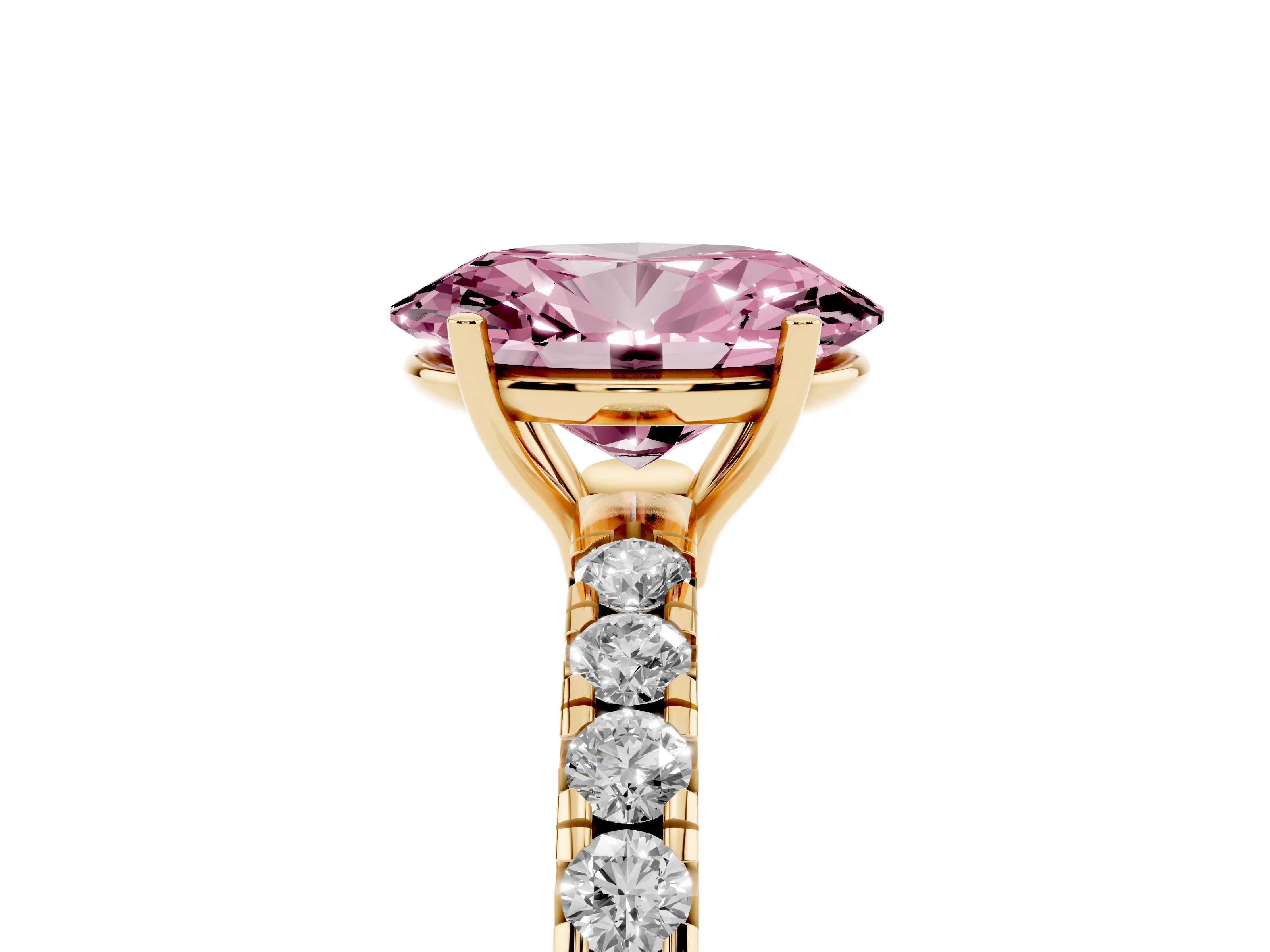 Fancy Pink Oval Cut Diamond Pavé Solitaire Engagement Ring Set in Yellow gold with Prong Setting
