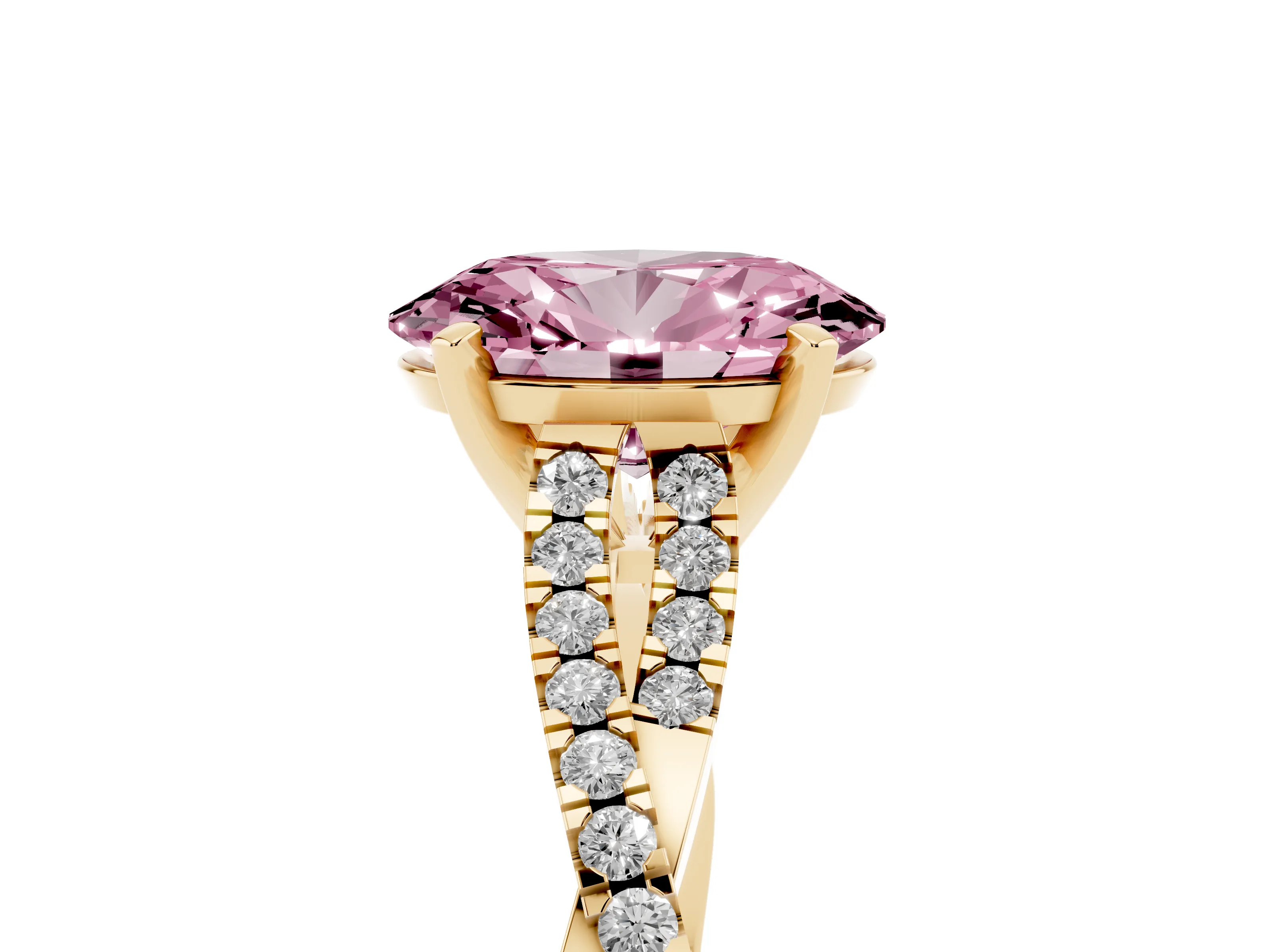 Fancy Pink Oval Cut Diamond Solitaire Engagement Ring Set in Yellow gold with Twisted Pavé Band and Prong Setting