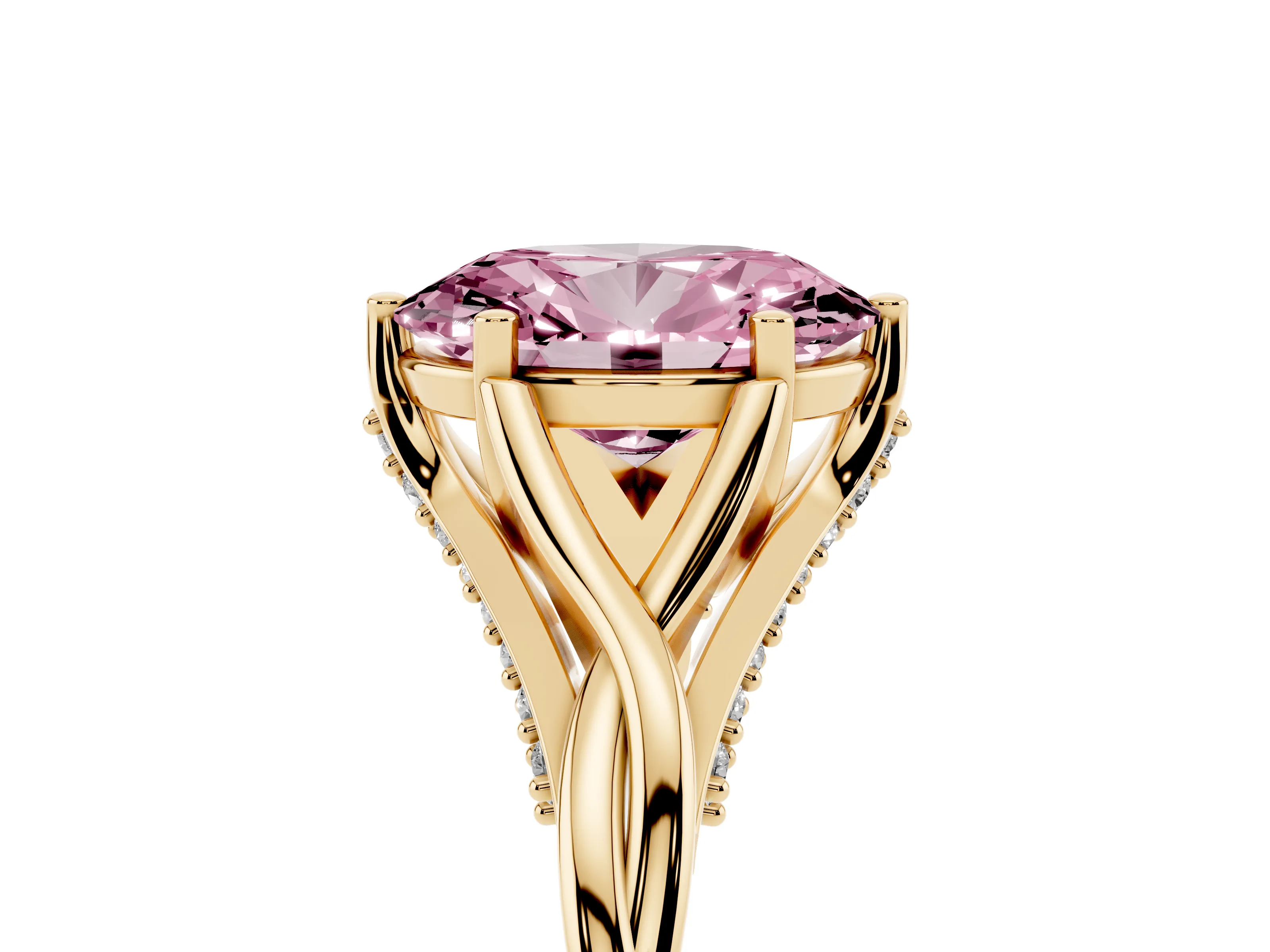 Fancy Pink Oval Cut Diamond Intertwined Twist Band Solitaire Ring Set in Yellow gold with Prong Setting