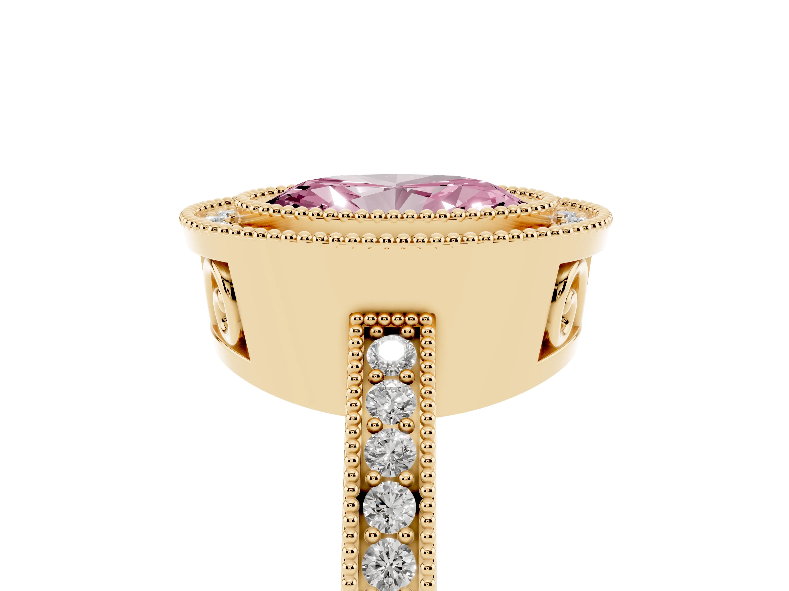 Fancy Pink Oval Cut Diamond Round Halo Ring Set in Yellow gold with Pavé Band