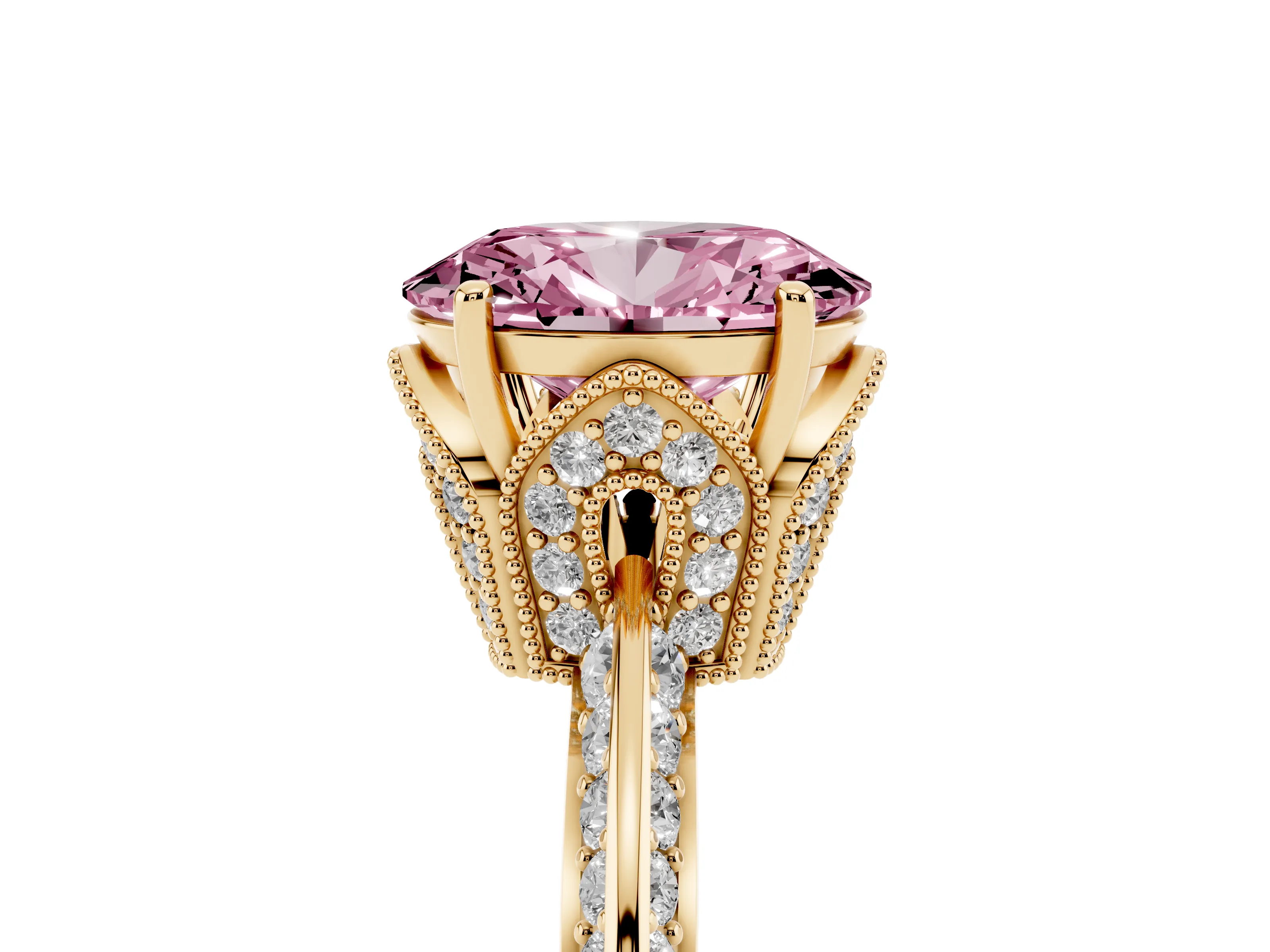 Fancy Pink Oval Cut Diamond Solitaire Engagement Ring Set in Yellow gold with Pavé Split Shank and Prong Setting