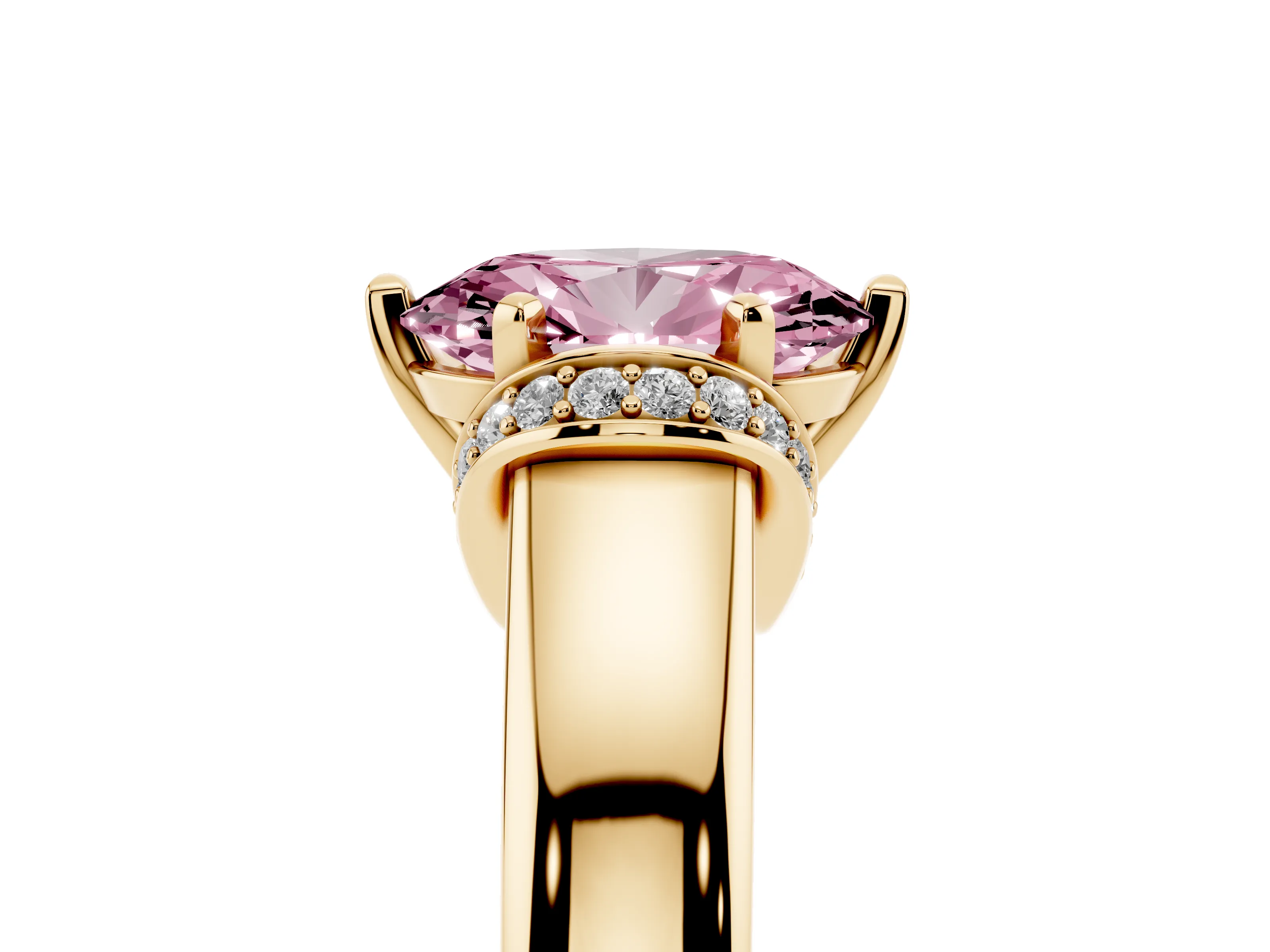 Fancy Pink Oval Cut Diamond Pavé Band Solitaire Ring Set in Yellow gold with Prong Setting