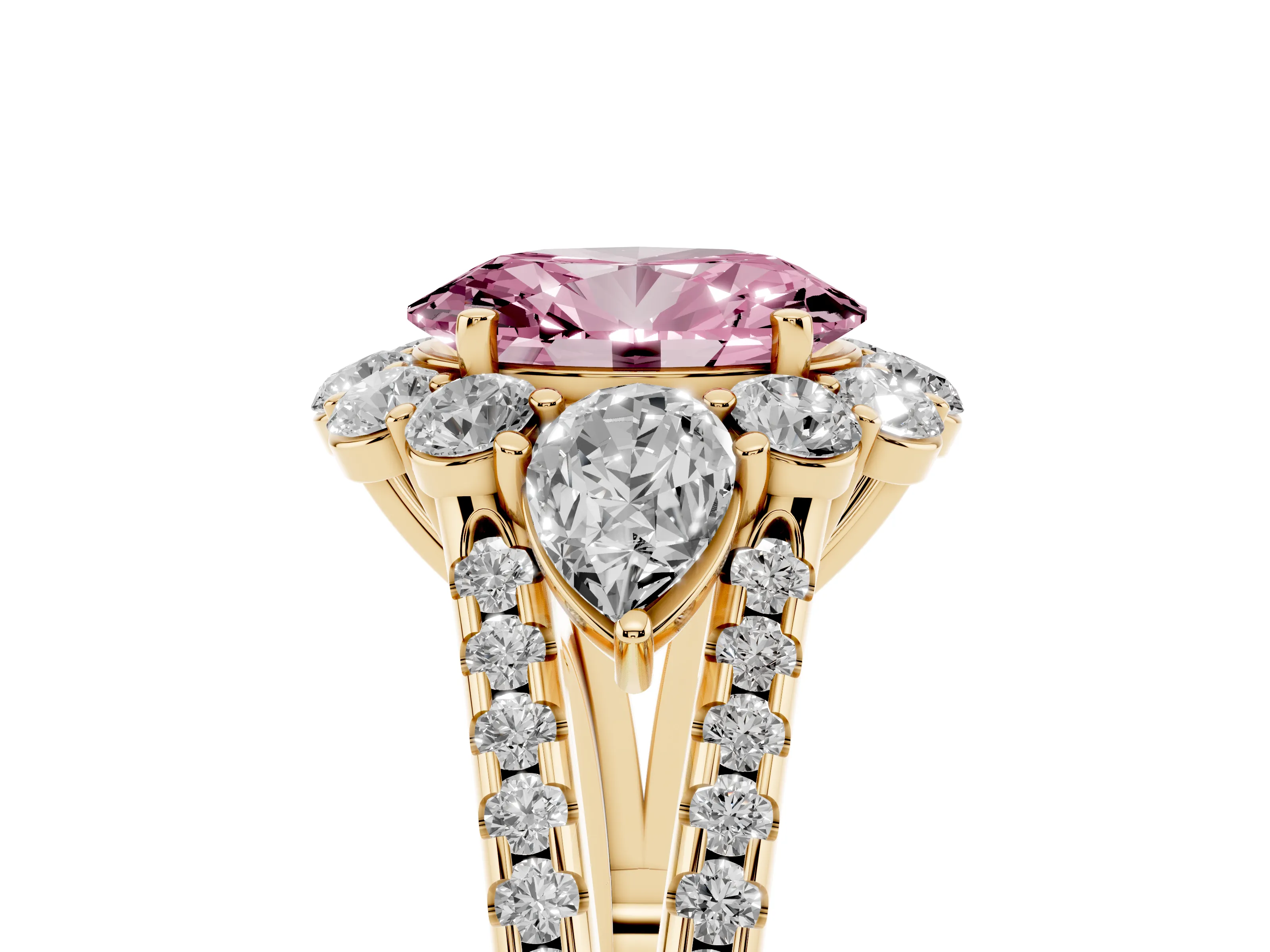 Fancy Pink Oval Cut Diamond Halo Split Shank Engagement Ring Set in Yellow gold with Prong-Held Center Stone