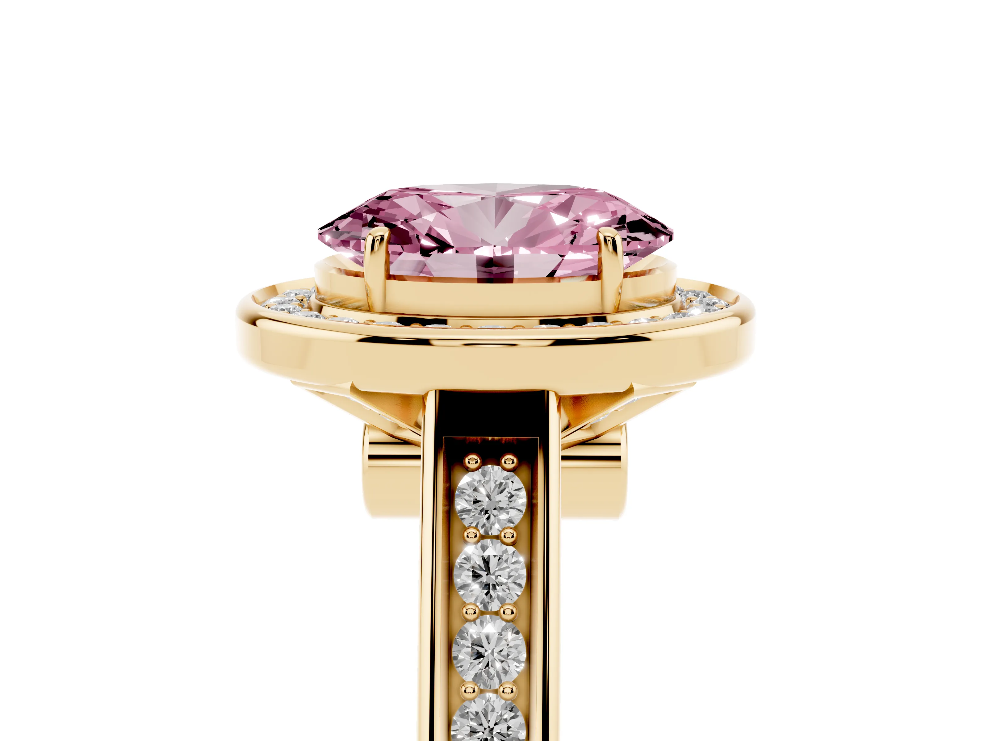 Fancy Pink Oval Cut Diamond Halo Solitaire Ring Set in Yellow gold with Pavé Band and Bezel Setting