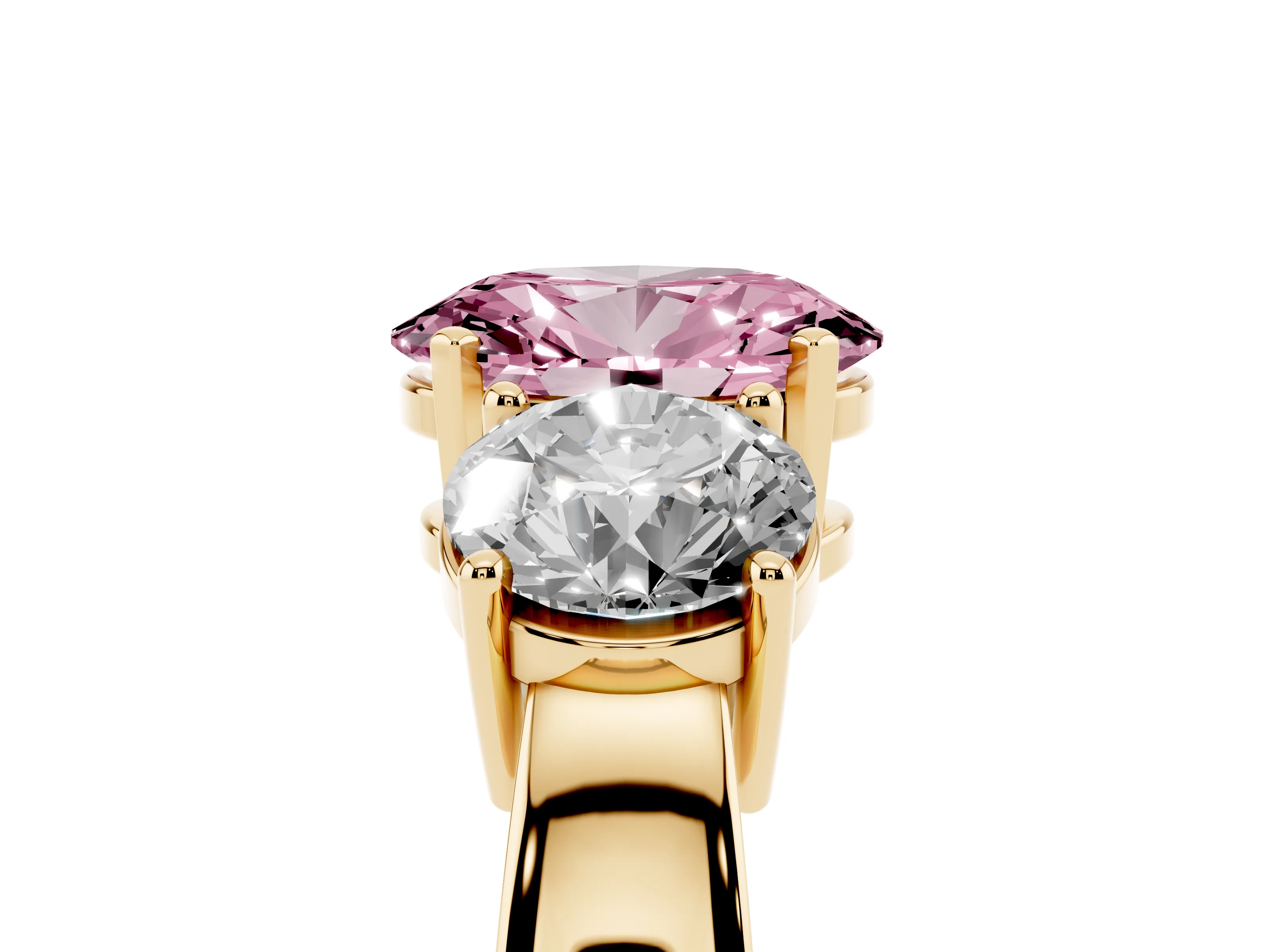 Fancy Pink Oval Cut Diamond Three-Stone Ring Set in Yellow gold with Round Side Stones and Classic Band