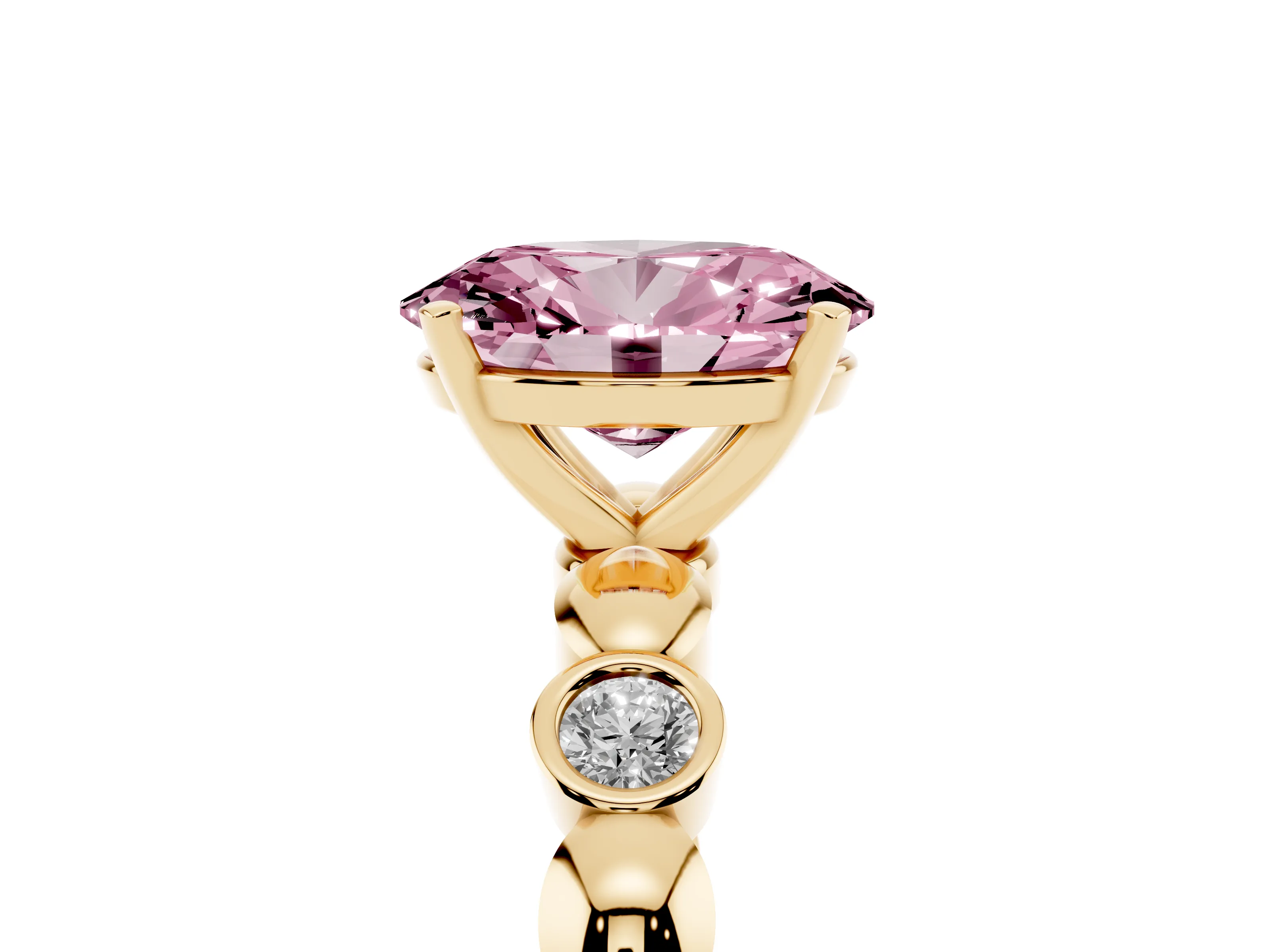 Fancy Pink Oval Cut Diamond Solitaire Ring Set in Yellow gold with Bezel-Set Accents on Beaded Band and Prong Setting