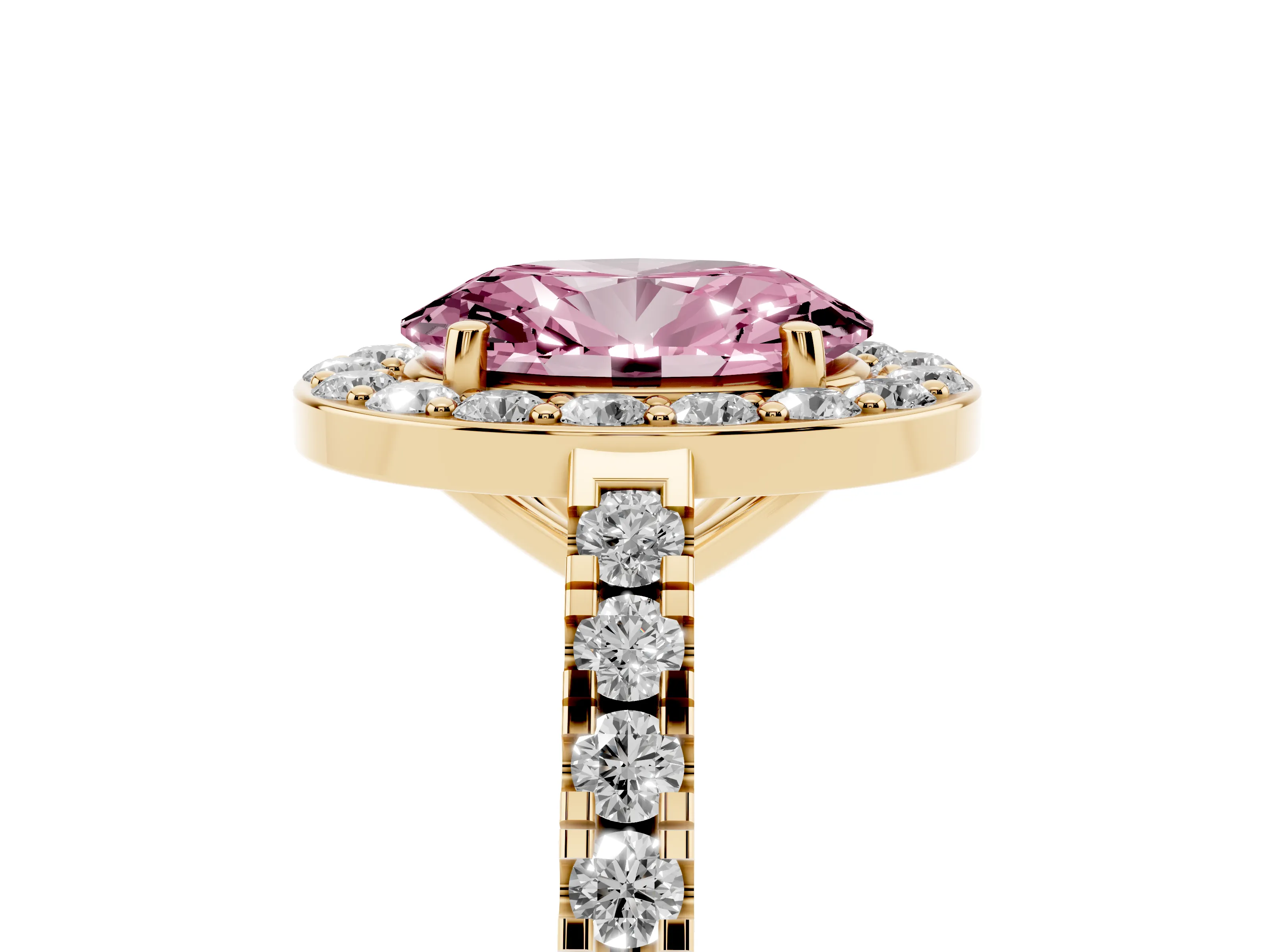 Fancy Pink Oval Cut Diamond Halo Ring Set in Yellow gold with Round Pavé Split Shank and Prong Setting