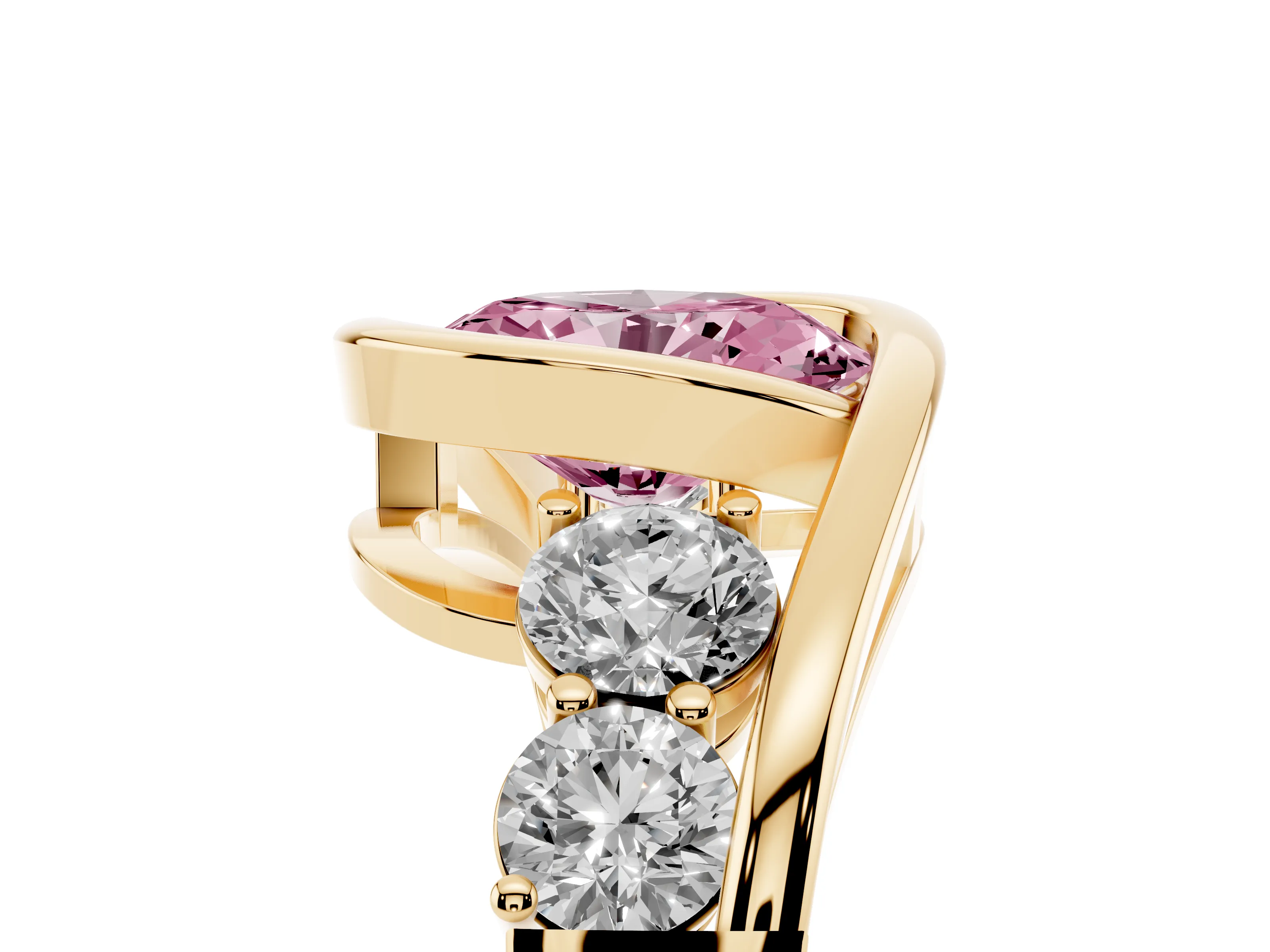Fancy Pink Oval Cut Diamond Bezel Bypass Ring Set in Yellow gold with Round Accents