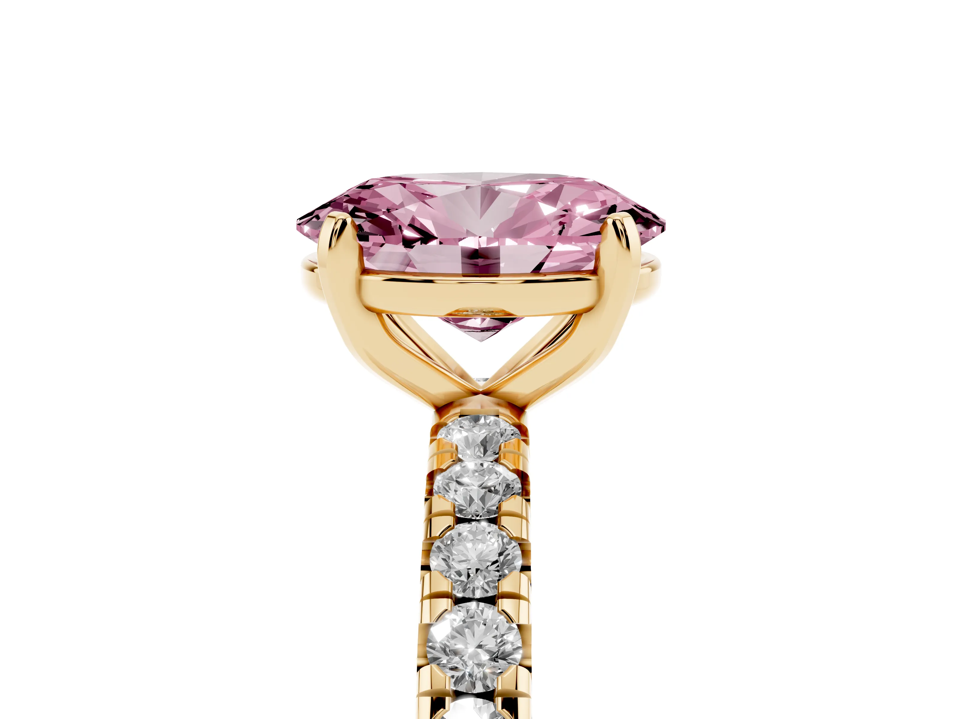 Fancy Pink Oval Cut Diamond Pavé Solitaire Ring Set in Yellow gold with Round Band and Prong Setting