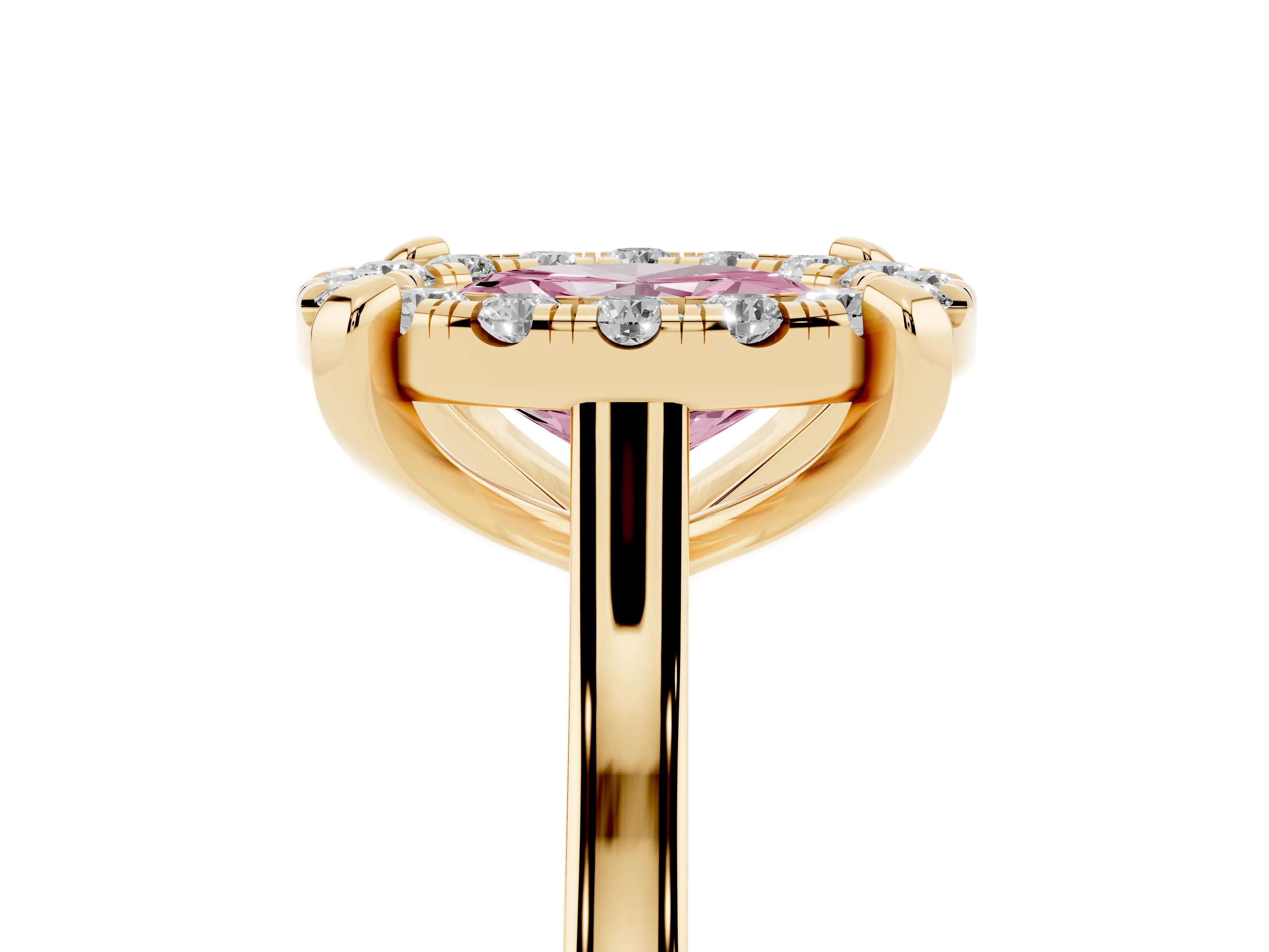 Fancy Pink Oval Cut Diamond Cluster Halo Solitaire Ring Set in Yellow gold with Prong Setting