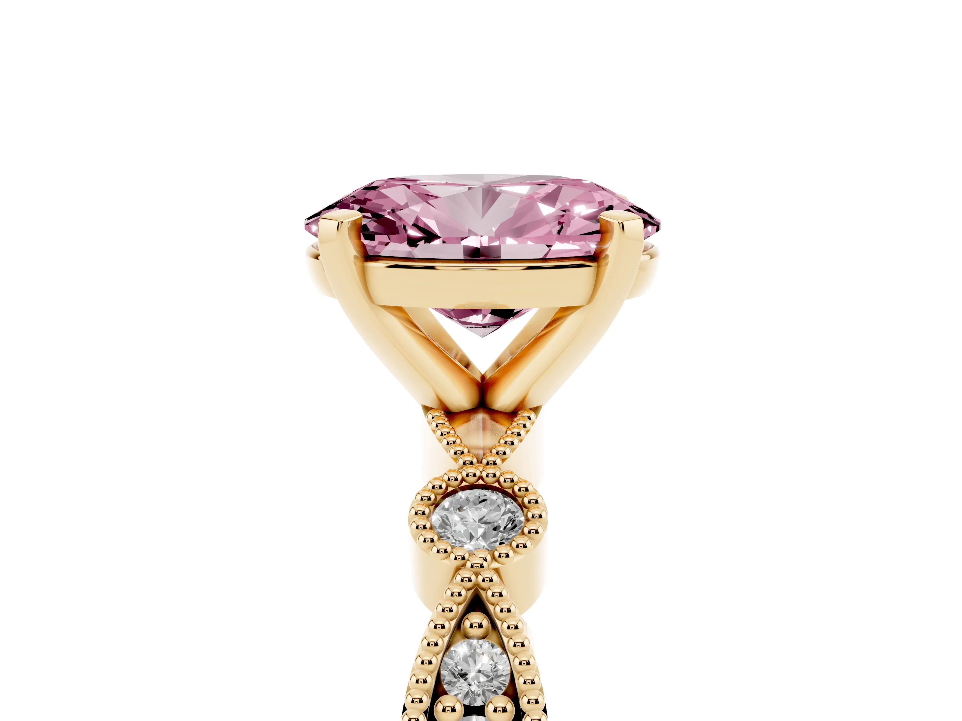 Fancy Pink Oval Cut Diamond Solitaire Engagement Ring Set in Yellow gold with Milgrain Bezel Accent Band