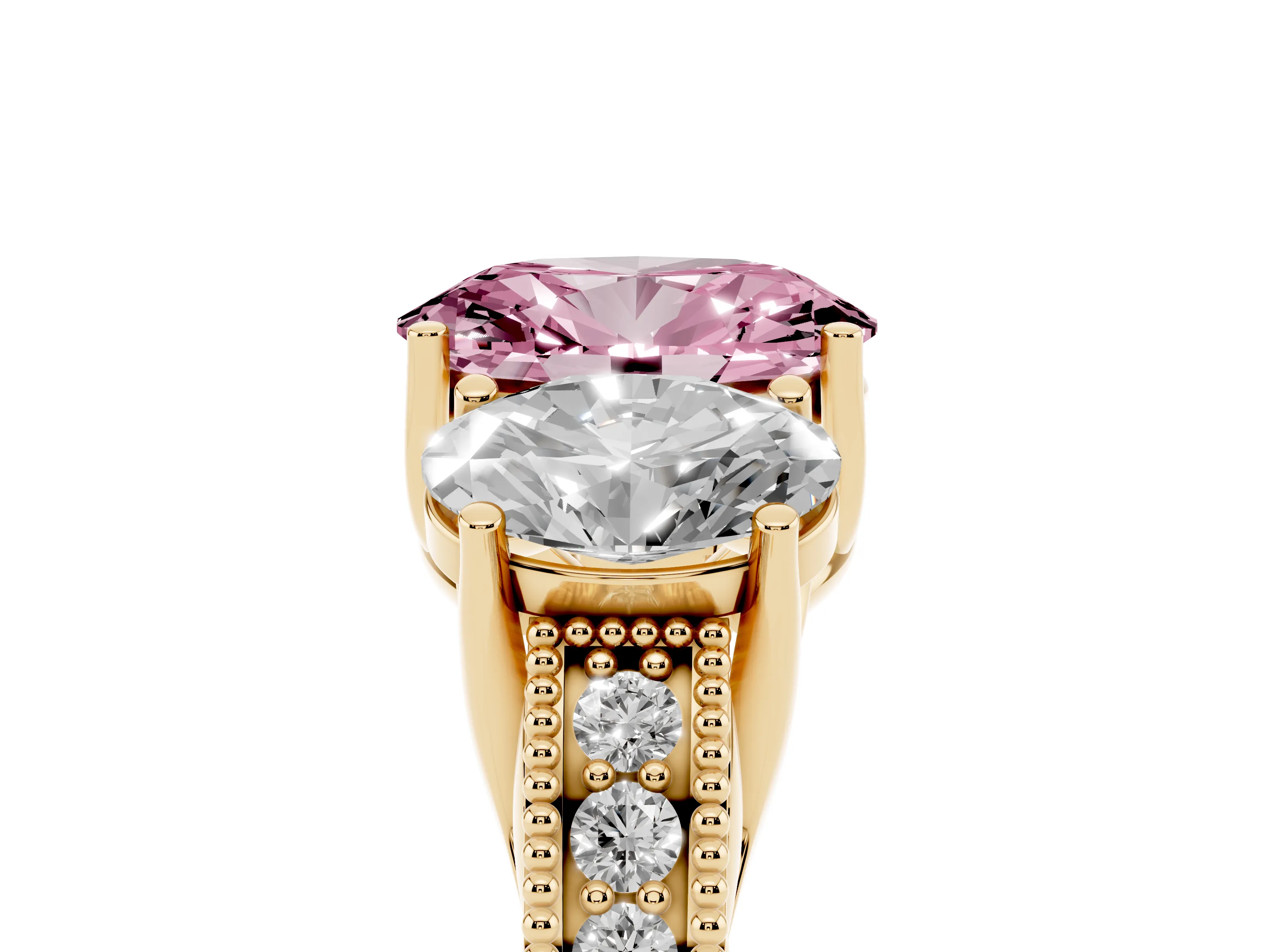 Fancy Pink Oval Cut Diamond Three-Stone Engagement Ring Set in Yellow gold with Milgrain Pavé Band
