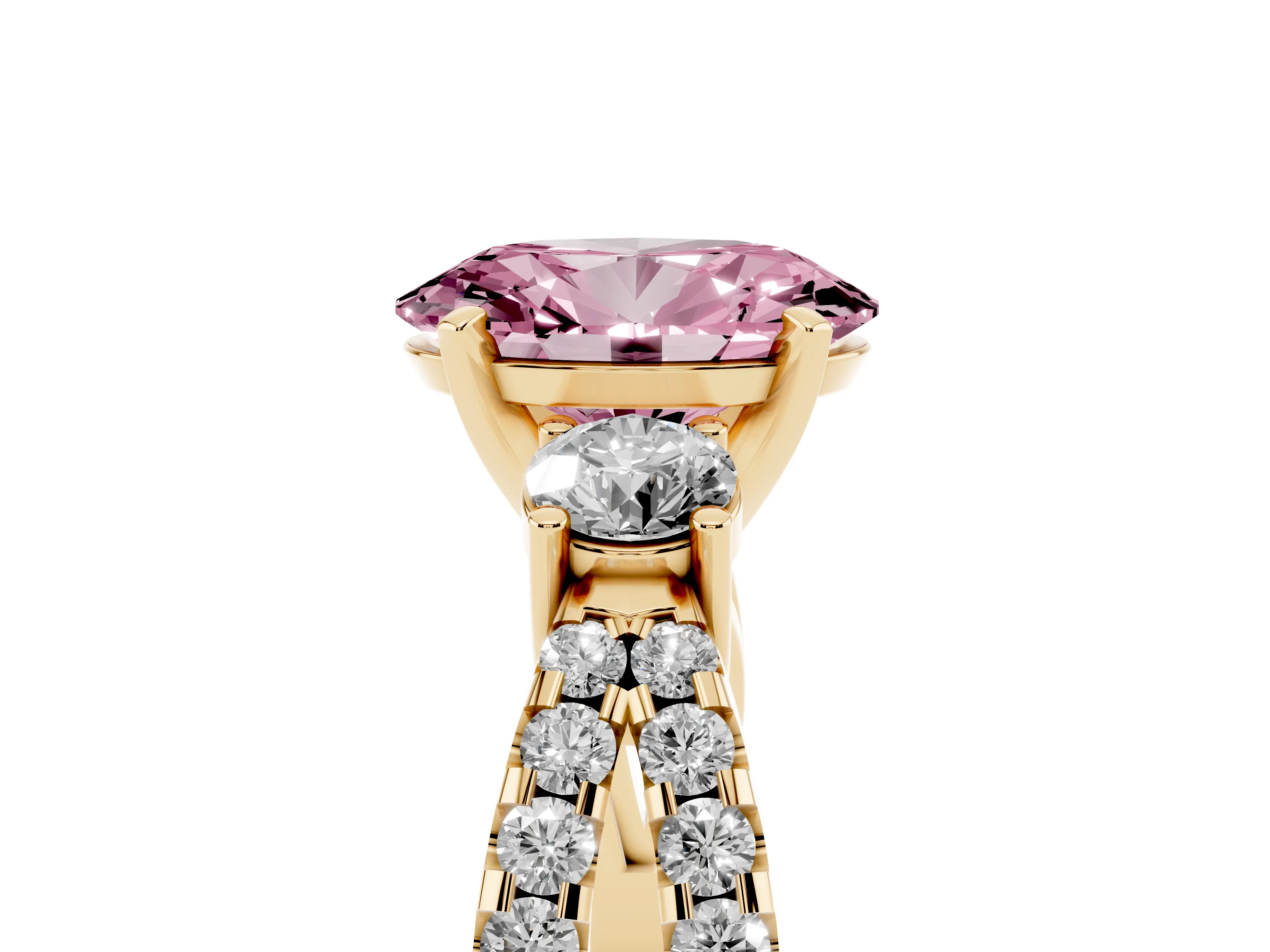 Fancy Pink Oval Cut Diamond Three-Stone Ring Set in Yellow gold with Pavé Split Shank and Prong Setting