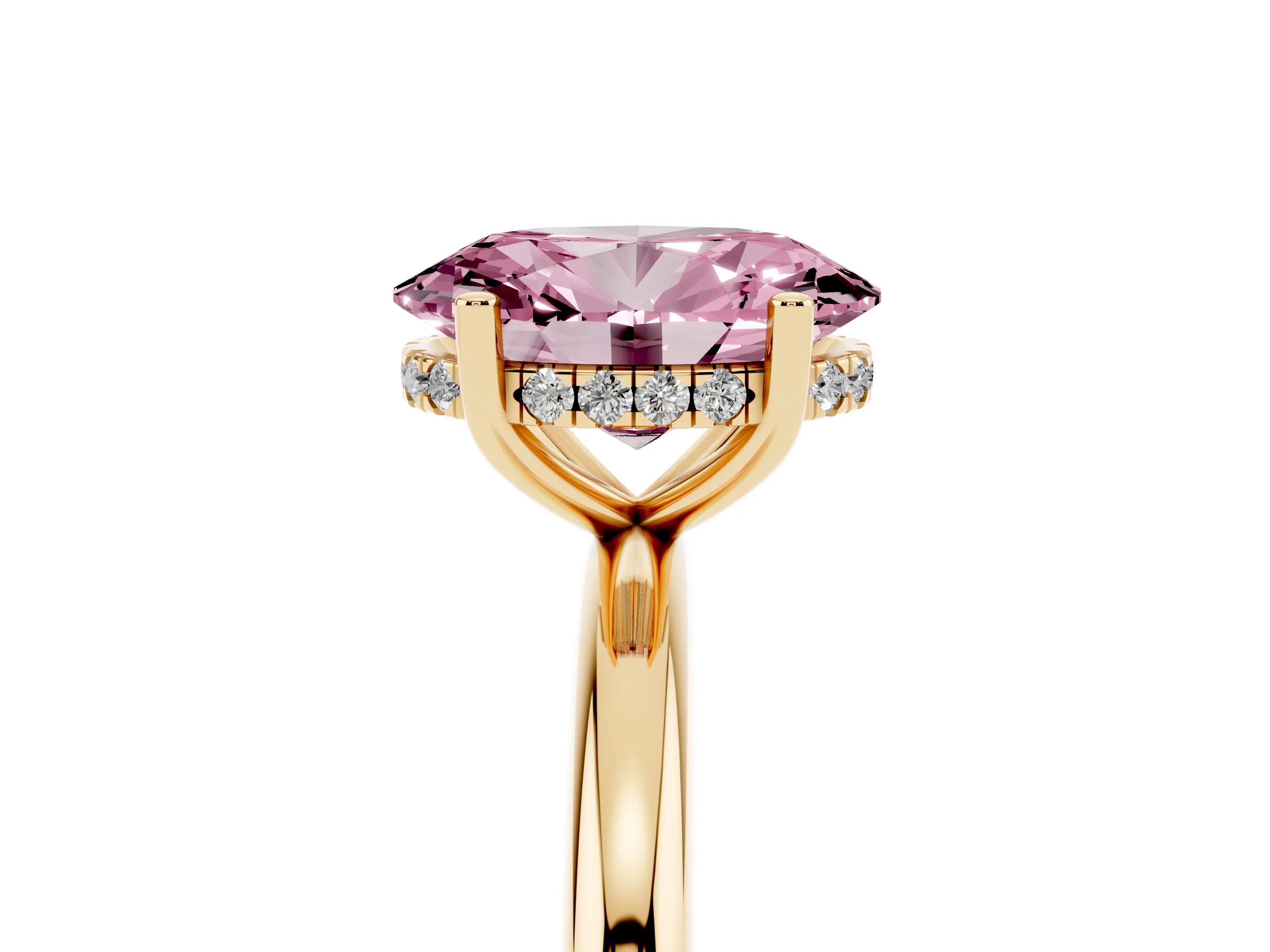Fancy Pink Oval Cut Diamond Solitaire Engagement Ring Set in Yellow gold with Prong Setting and Polished Band