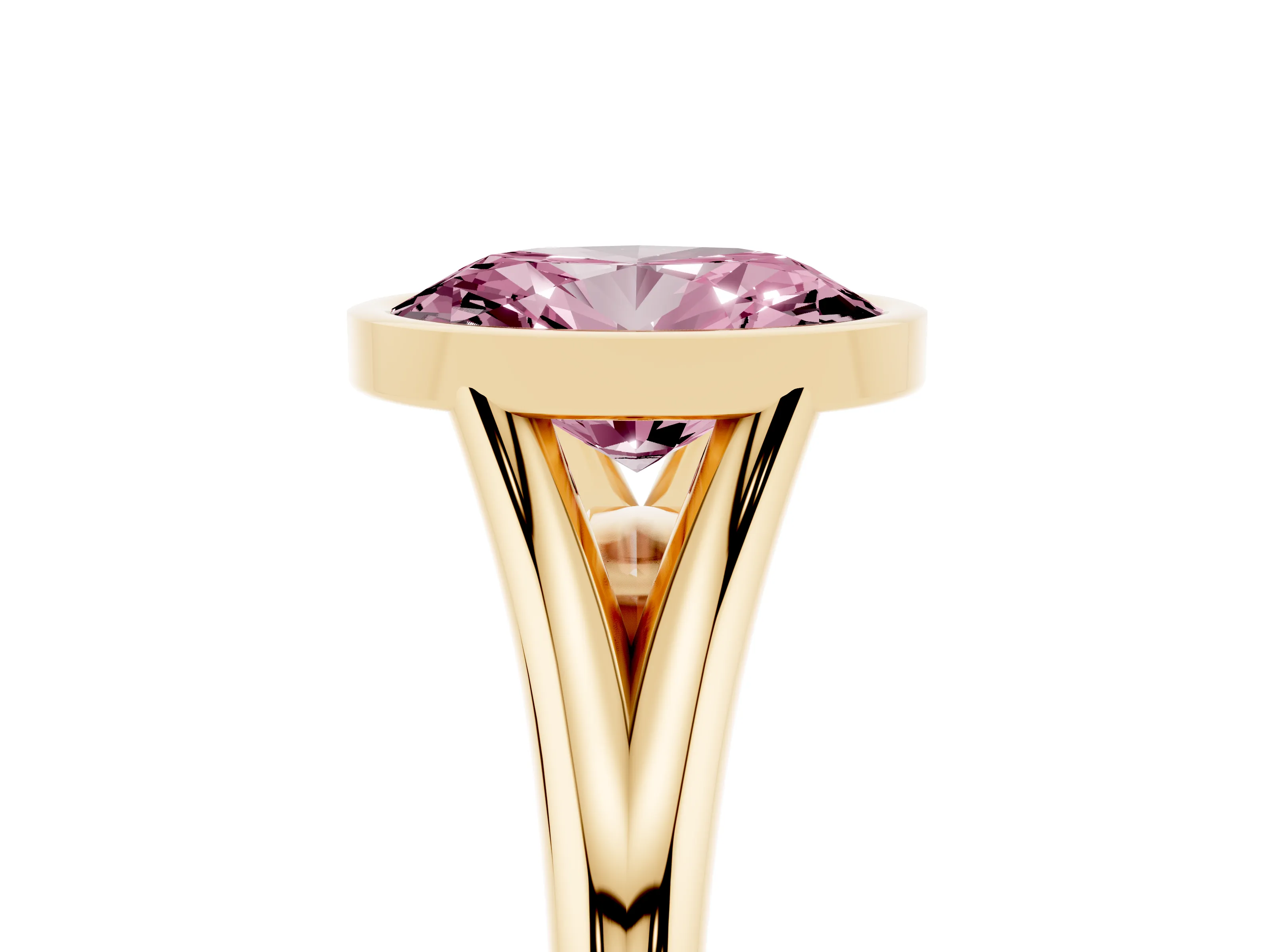 Fancy Pink Bezel Set Oval Cut Diamond Solitaire Ring Set in Yellow gold with Tapered Band
