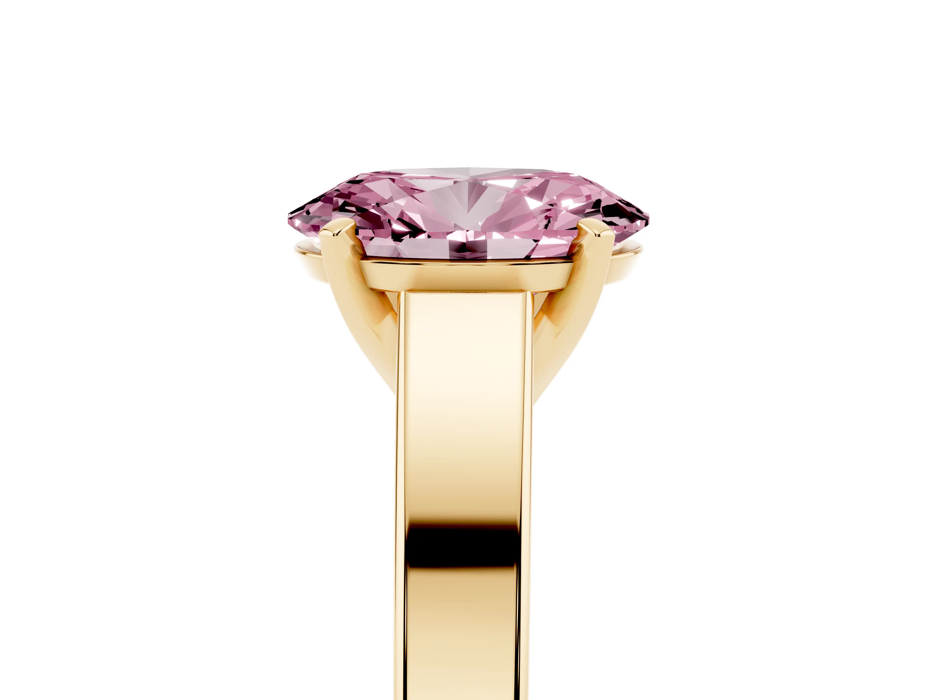 Fancy Pink Oval Cut Diamond Solitaire Engagement Ring Set in Yellow gold with Prong Setting and Tapered Band