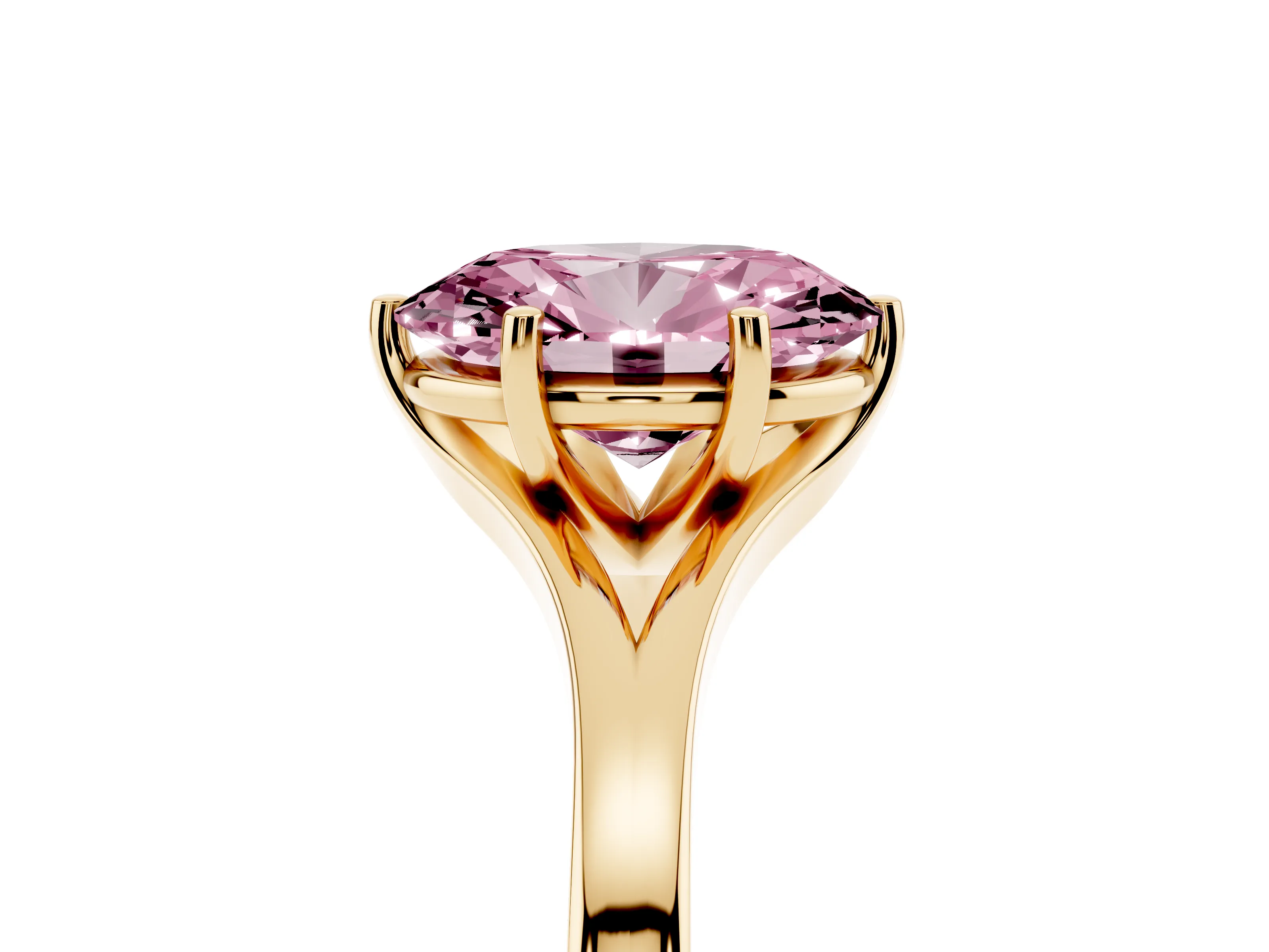 Fancy Pink Oval Cut Diamond Solitaire Ring Set in Yellow gold with Polished Tapered Band and Prong Setting