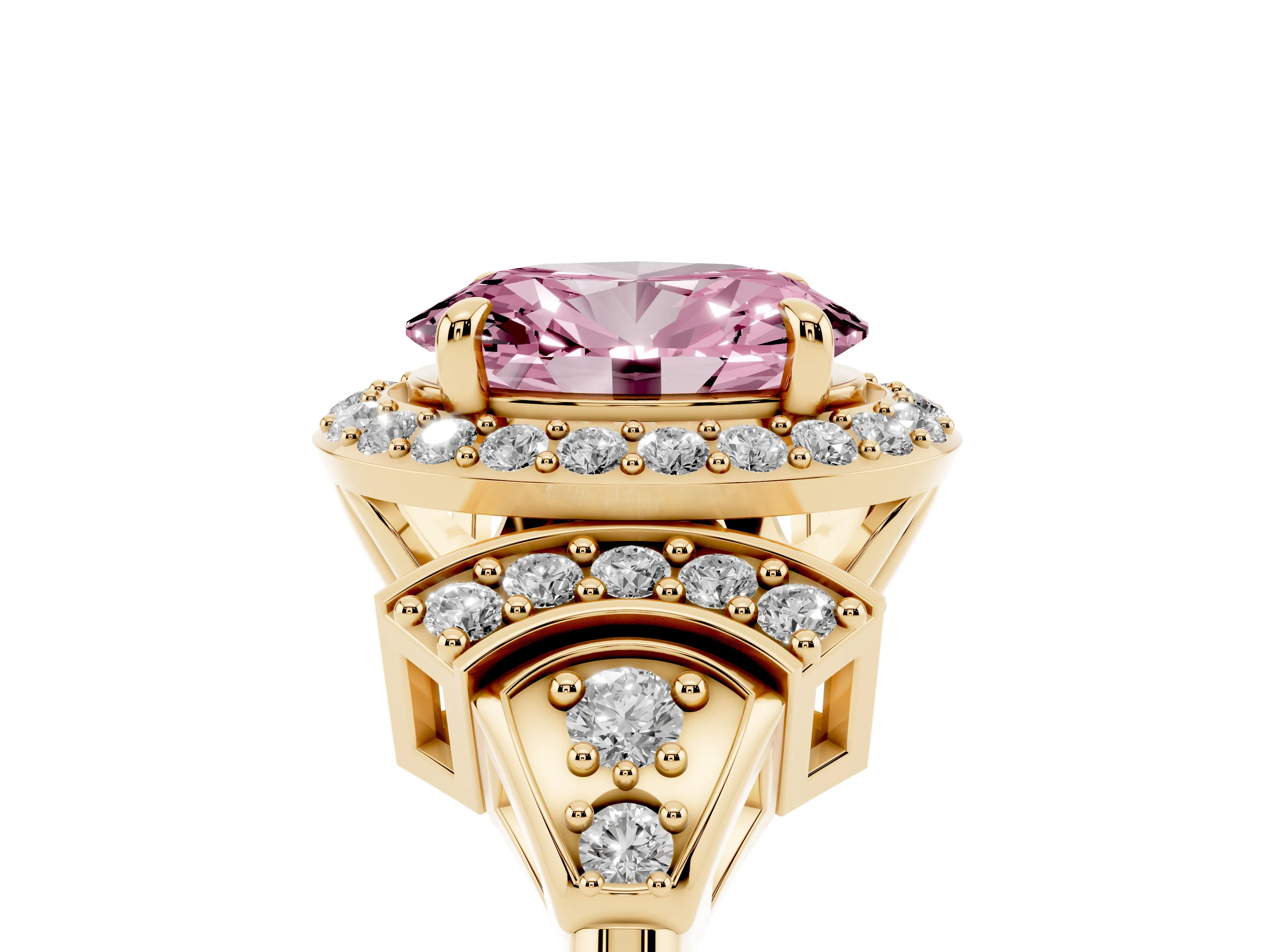Fancy Pink Oval Cut Diamond Halo Engagement Ring Set in Yellow gold with Accent Stone Split Shank