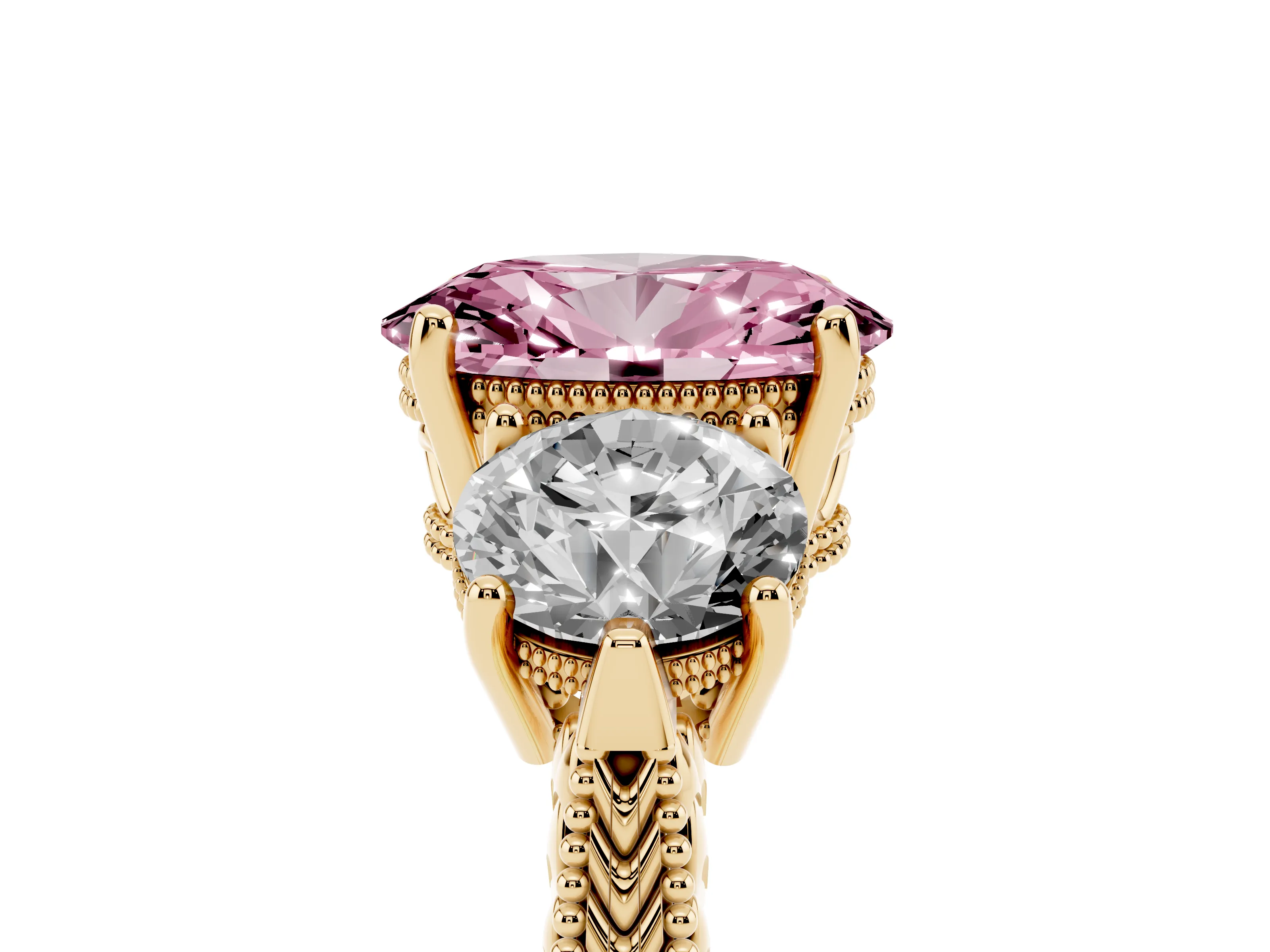 Fancy Pink Oval Cut Diamond Three-Stone Ring Set in Yellow gold with Milgrain Band