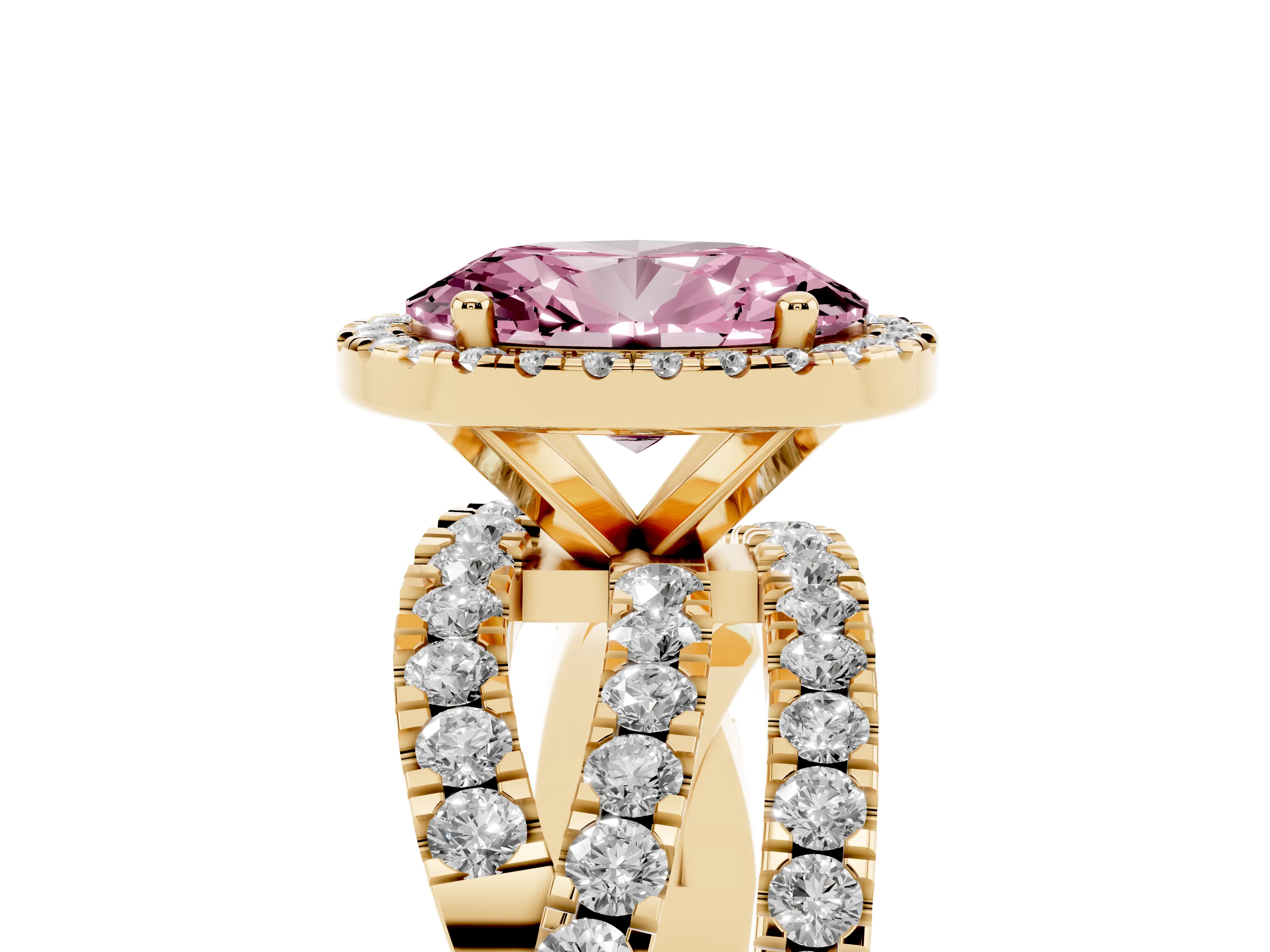 Fancy Pink Oval Cut Diamond Halo Ring Set in Yellow gold with Round Crossover Split Shank and Prong Setting