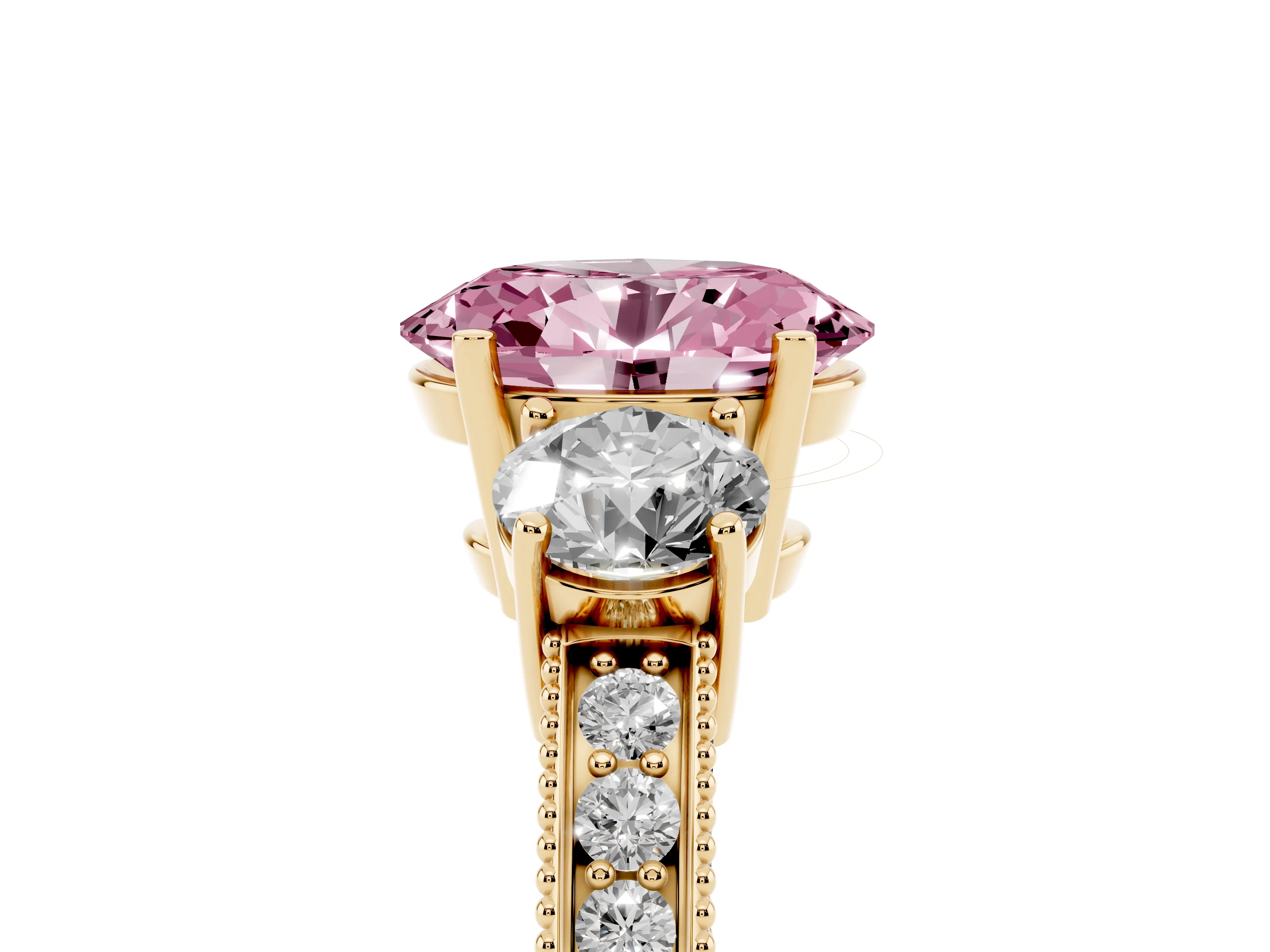 Fancy Pink Oval Cut Diamond Three-Stone Ring Set in Yellow gold with Round Side Stones and Pavé Band