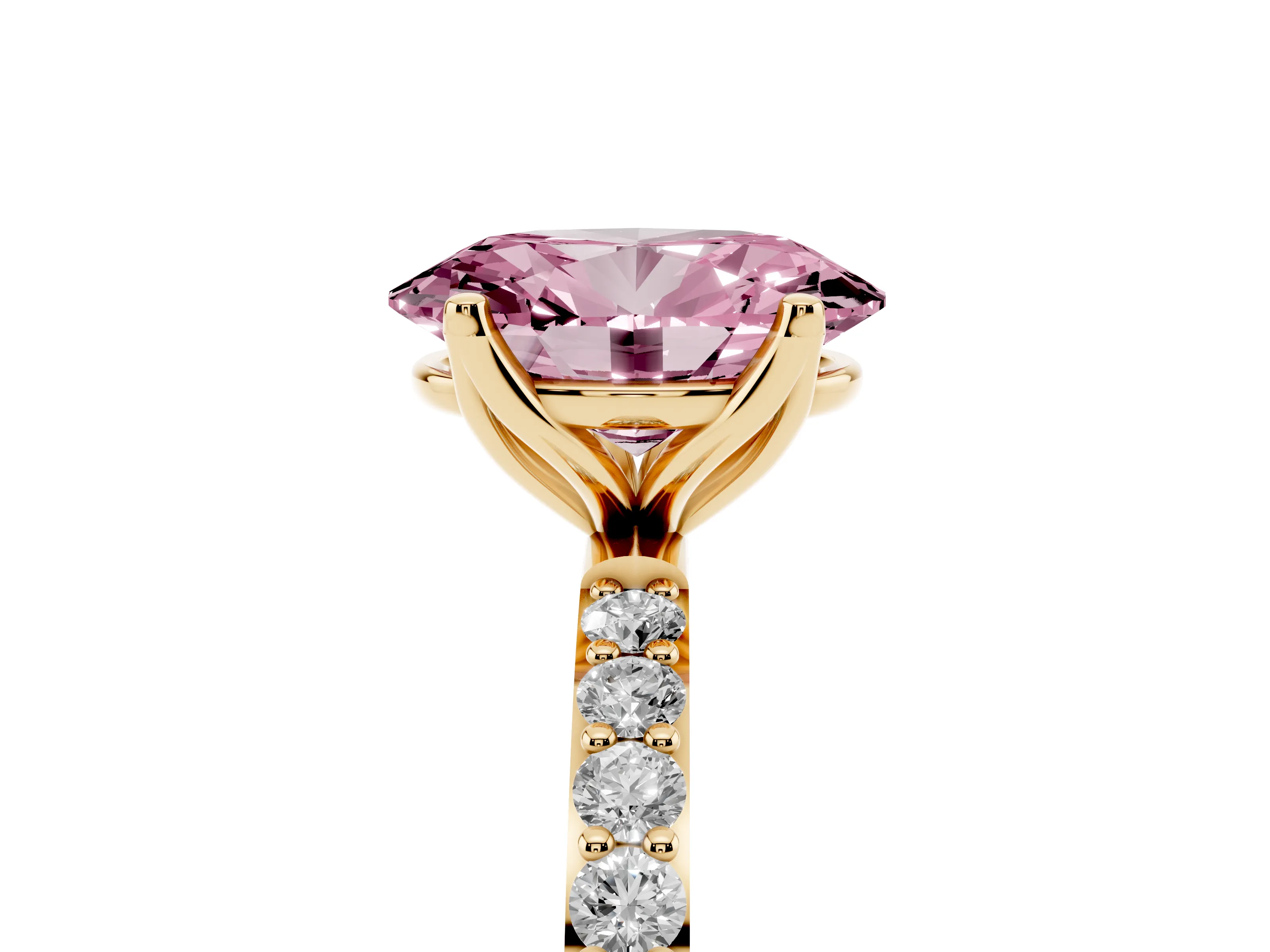Fancy Pink Oval Cut Diamond Solitaire Engagement Ring Set in Yellow gold with Round Pavé Band and Prong Setting