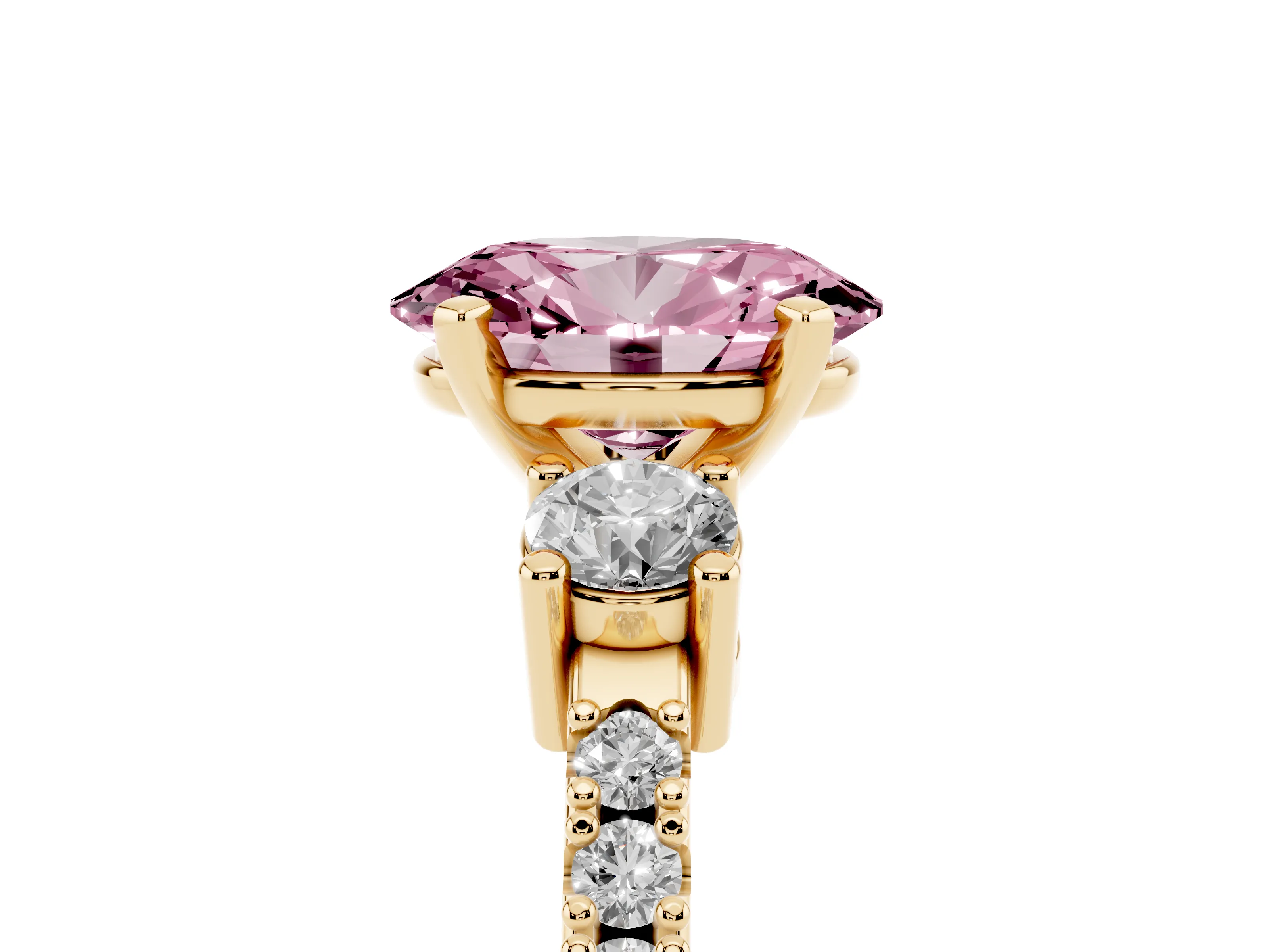 Fancy Pink Three-Stone Oval Cut Diamond Pavé Band Ring Set in Yellow gold with Prong Setting